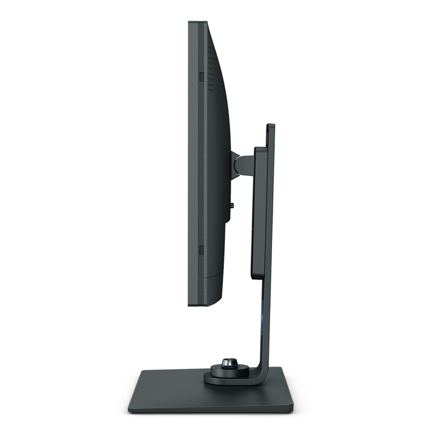 Side view of a BenQ monitor on a black background. The monitor is dark grey.