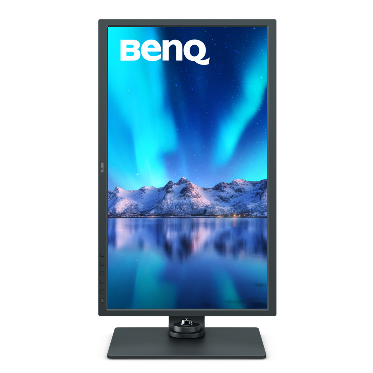 Black BenQ monitor displays a landscape with snowy mountains and aurora borealis.
