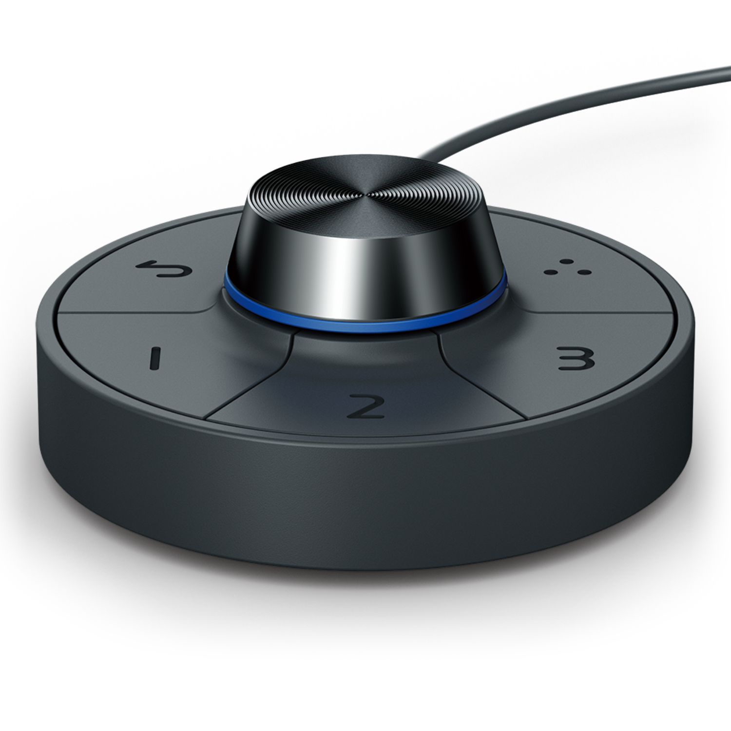 A round, dark grey device with a central knob and four button sections labeled 1, 2, 3, and a return arrow.