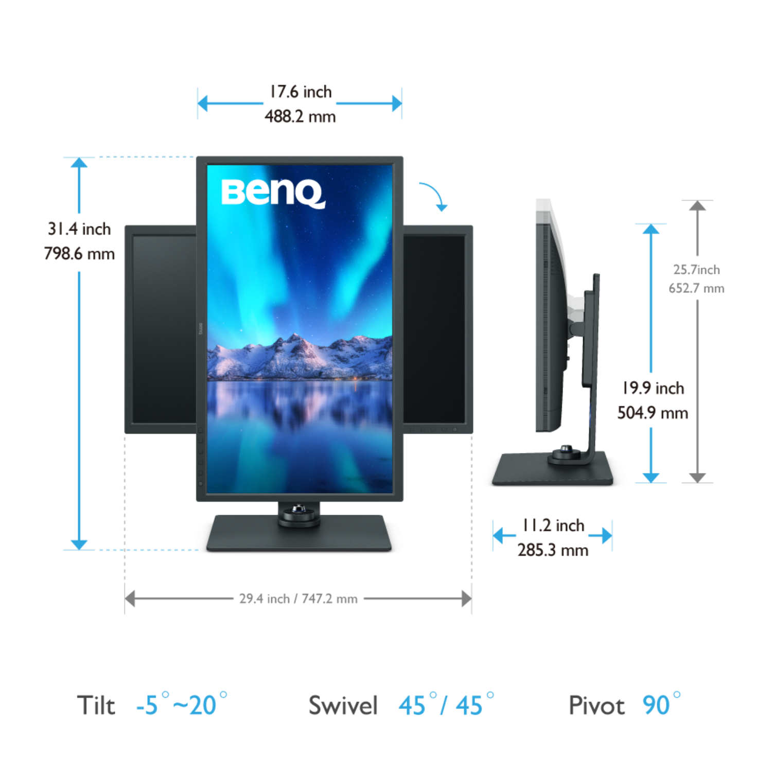 A BenQ monitor. The main screen shows a landscape. Dimensions are shown with arrows.