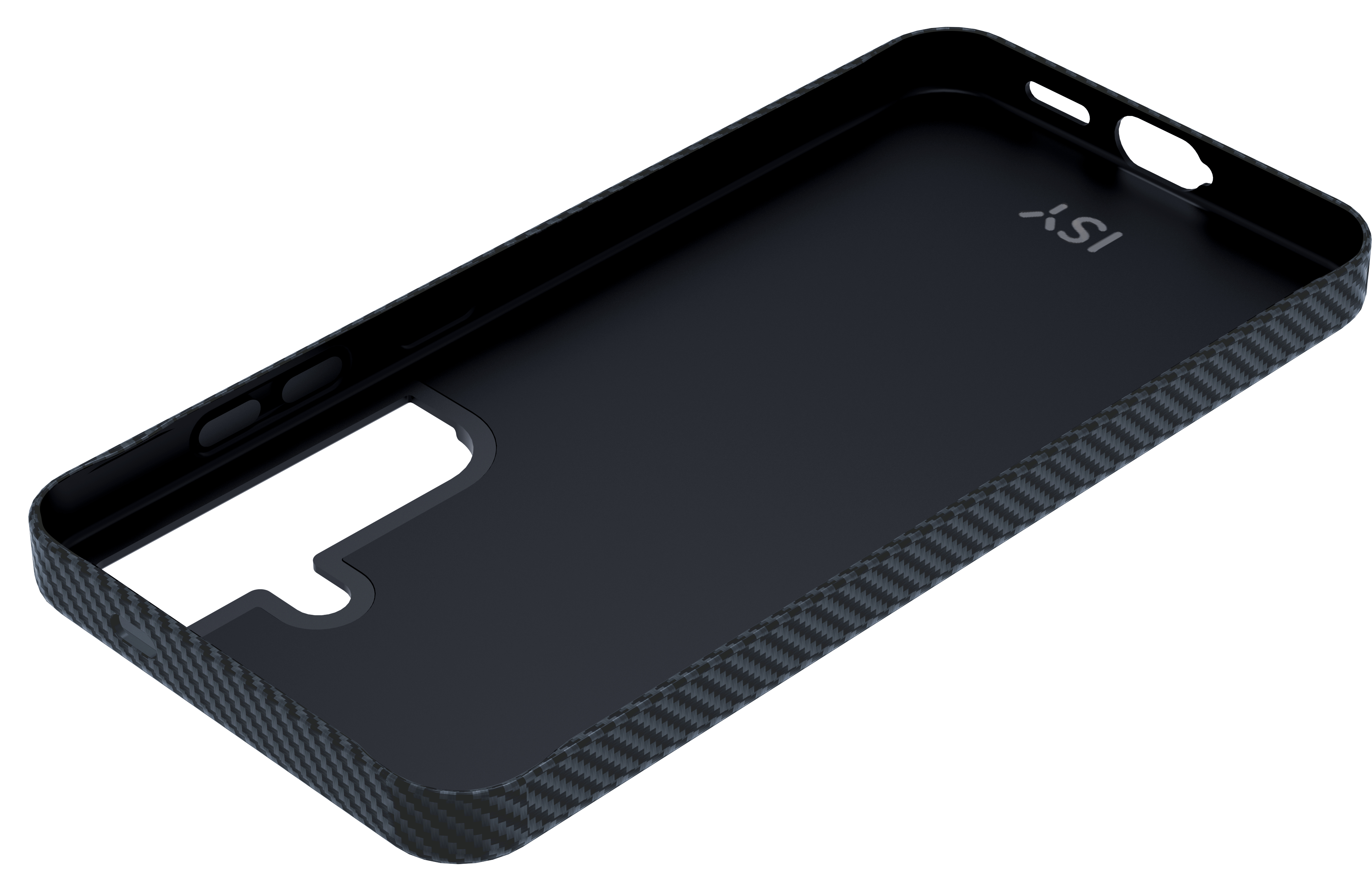 Schwarze Handyhülle mit Carbonfaser-Design, zeigt die Innenseite.