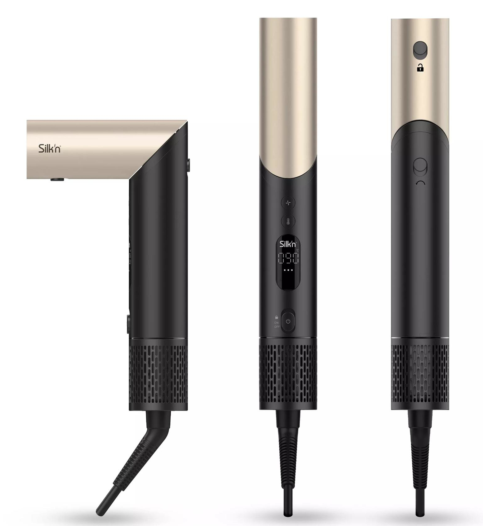 Trzy widoki czarno-złotej suszarki do włosów Silk'n. Posiada wyświetlacz cyfrowy i kątową dyszę.