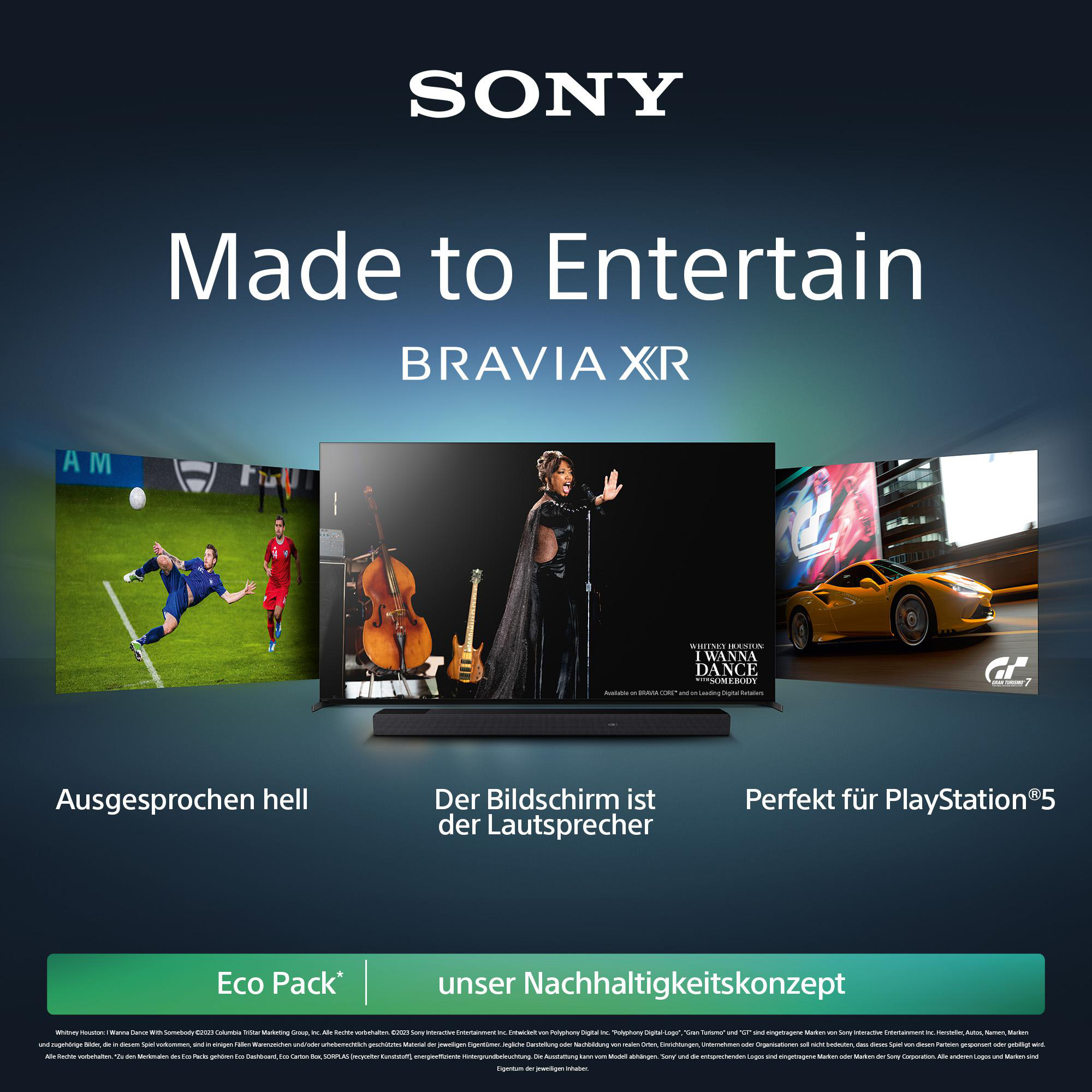 Bild eines Sony TVs mit drei Szenen, darunter ein Fußballspiel und ein Auto.