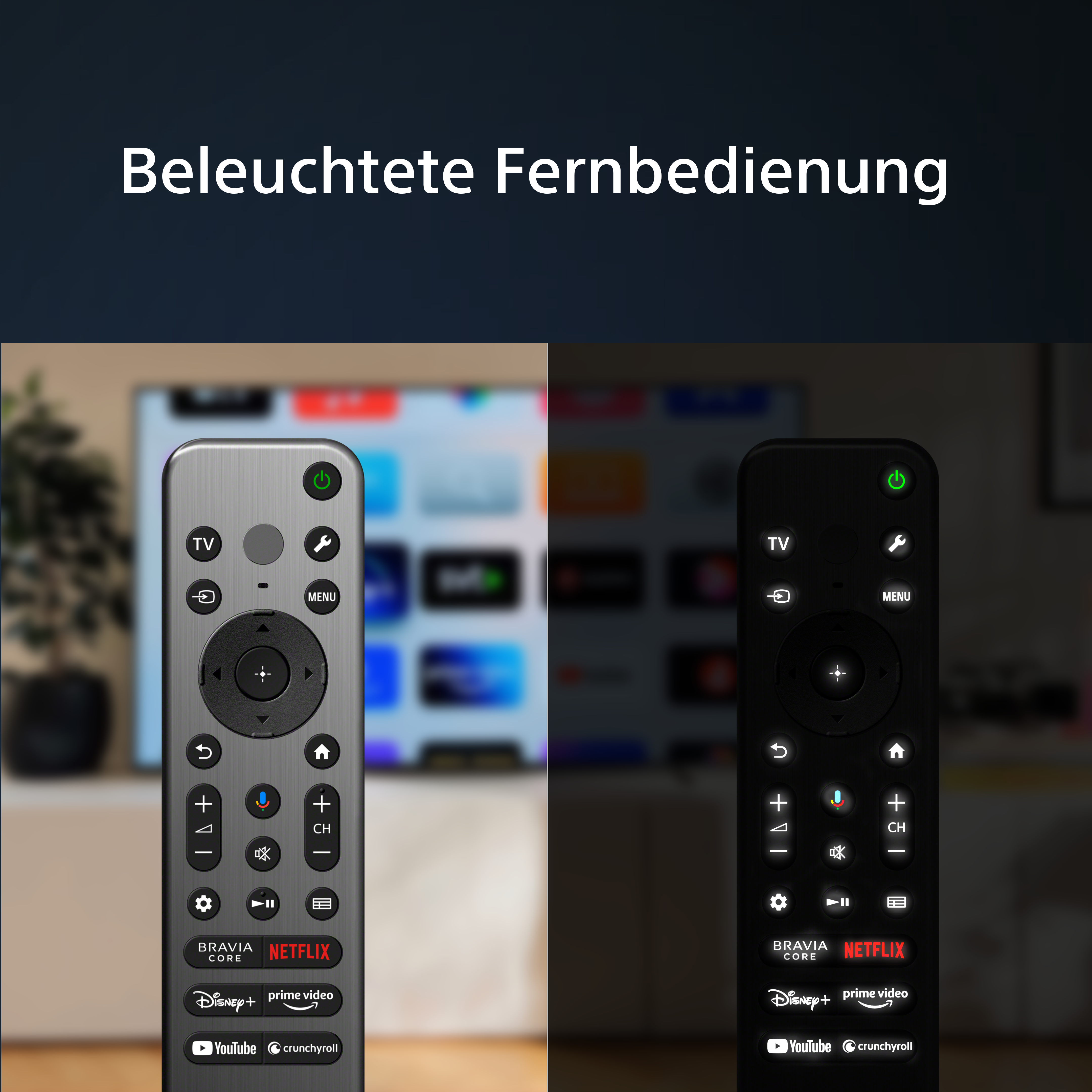 Zwei Bilder, die beleuchtete und unbeleuchtete Tasten einer TV-Fernbedienung vergleichen.