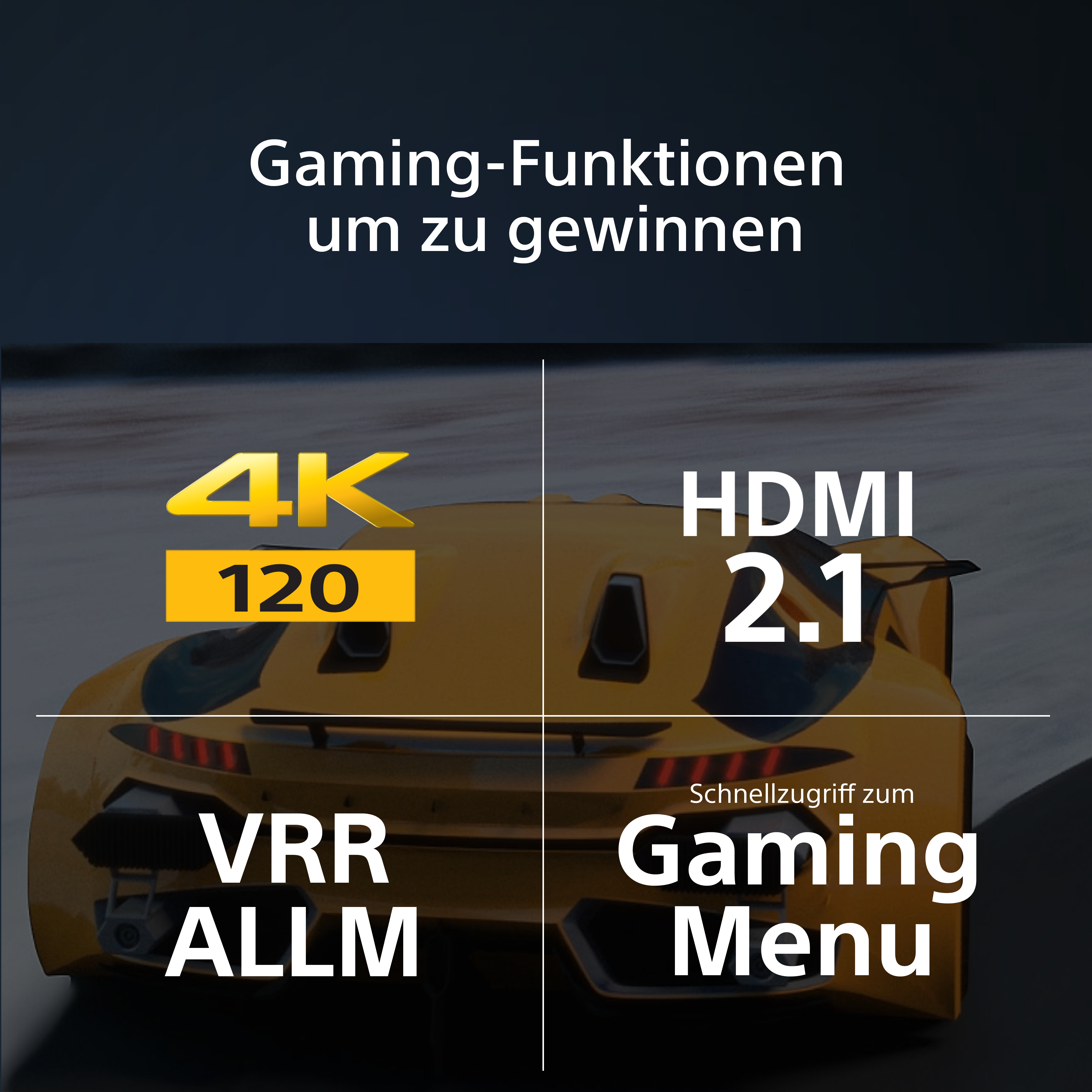 Grafik, die 4K, HDMI 2.1, VRR ALLM und Gaming-Menü bewirbt. Gelbes Auto.