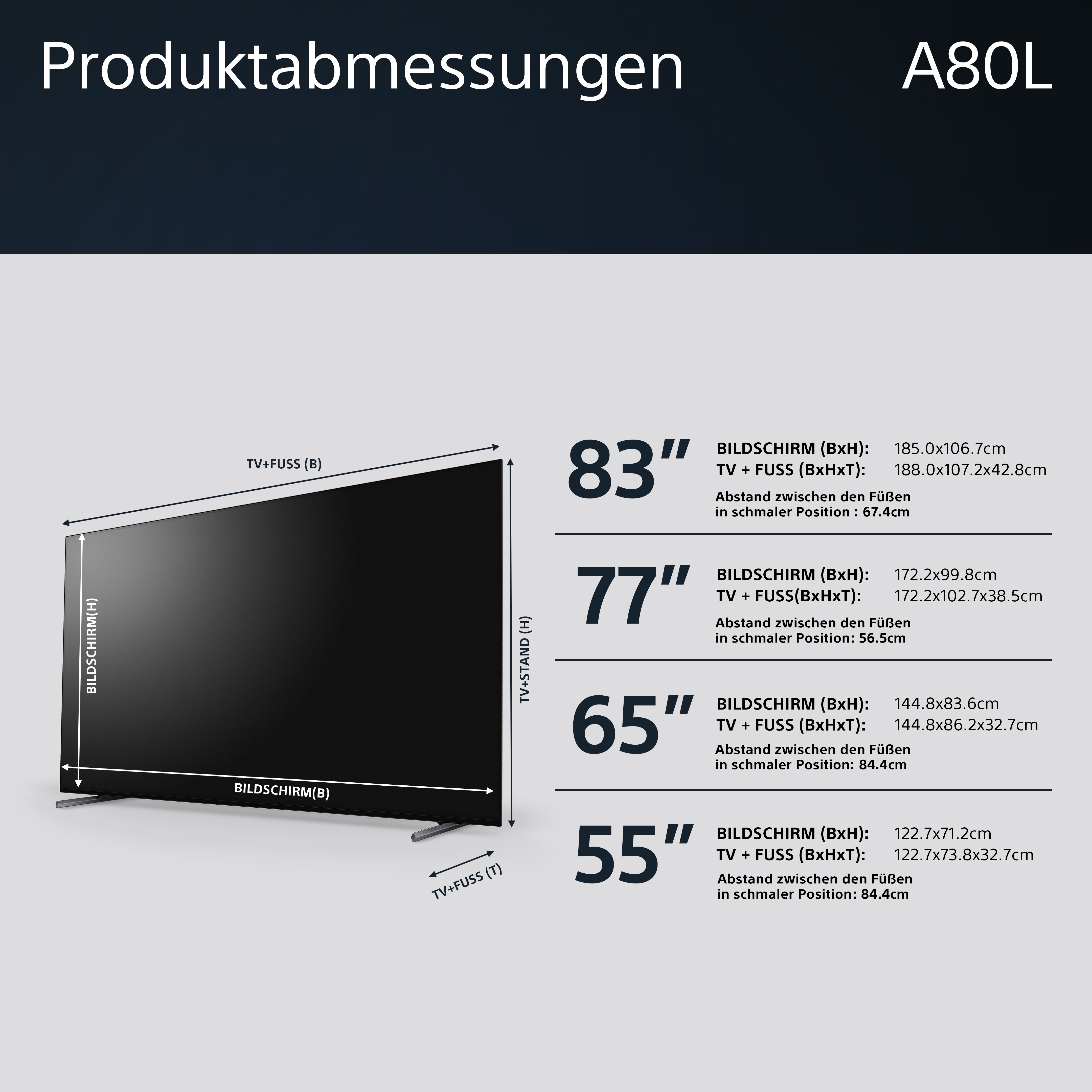 TV-Abmessungen und Größen werden angezeigt: 83", 77", 65" und 55". Maße inklusive Höhe und Breite.