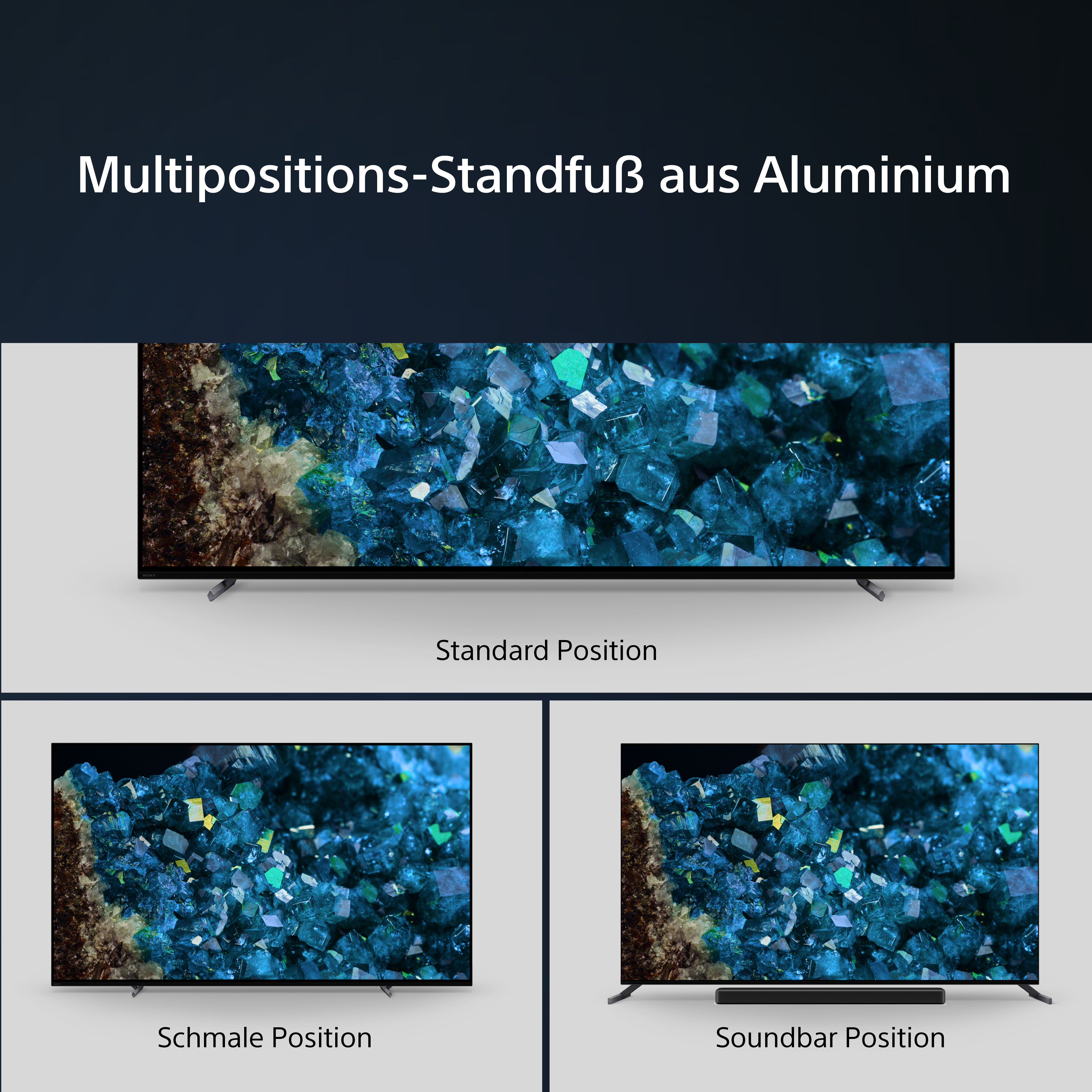 Ein TV-Bildschirm zeigt Bilder mit verschiedenen Standpositionen: Standard, Schmal und Soundbar-Position.