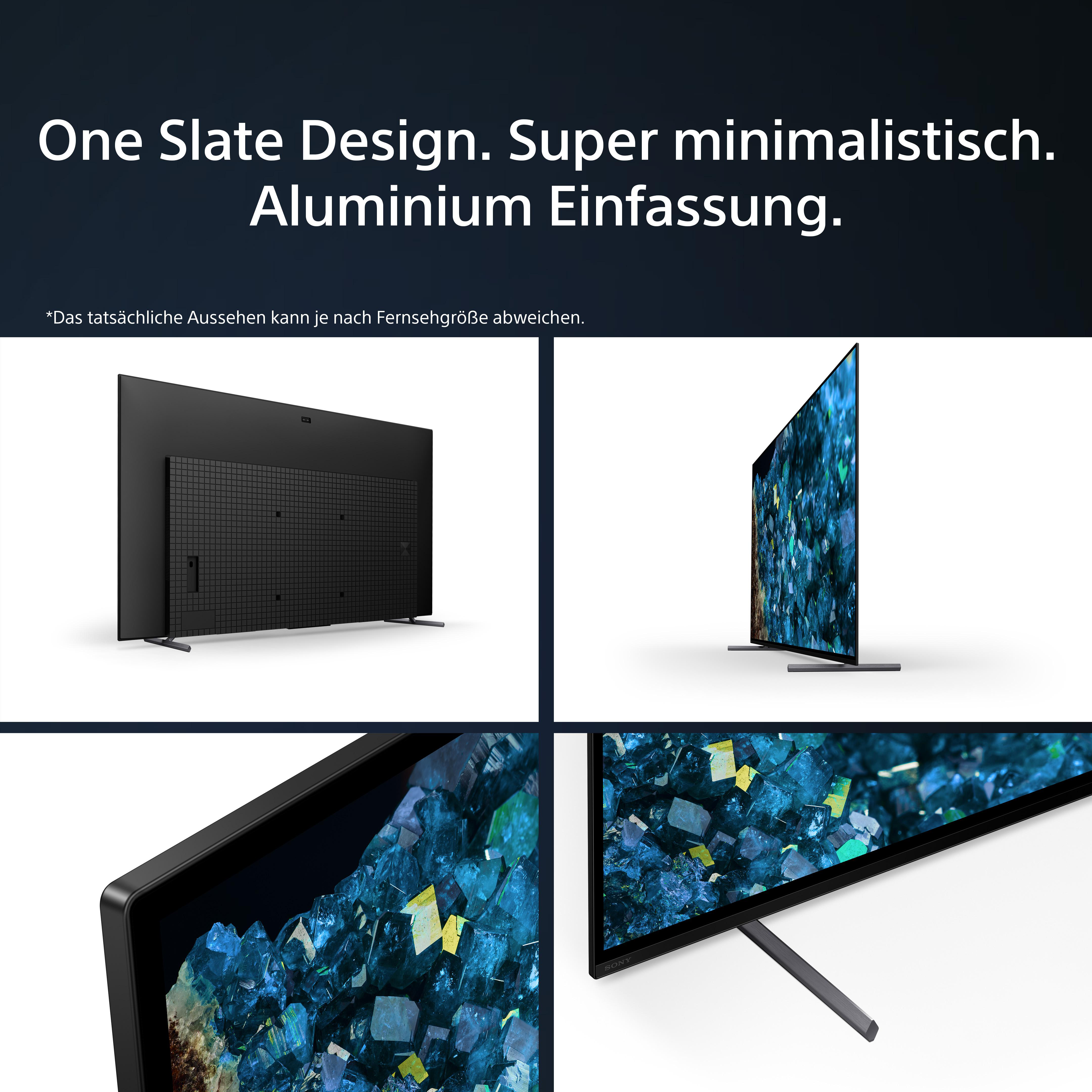 Mehrere Ansichten eines Sony-Fernsehers, mit Fokus auf Designelemente und Details.