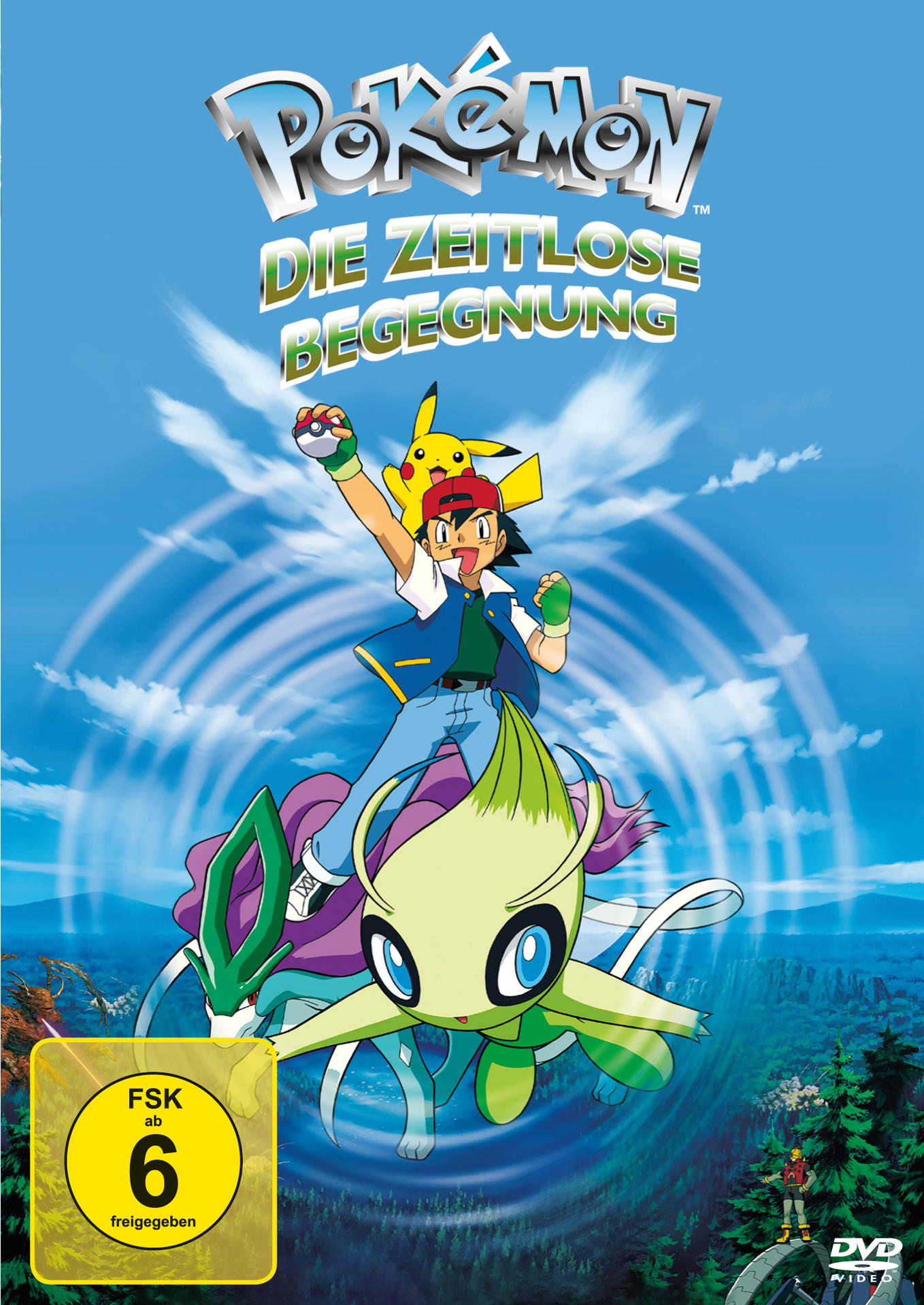 DVD-Cover: Ash und Pikachu auf Pokemon-Abenteuer, blauer Himmel.