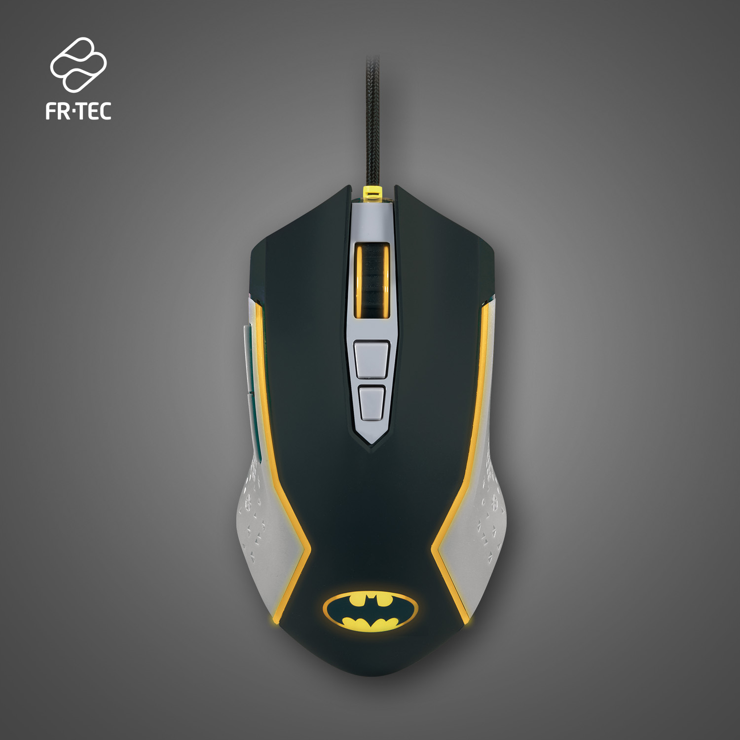 Batman témájú gamer egér. Fekete és szürke, sárga díszítéssel, a Batman logó megvilágítva.