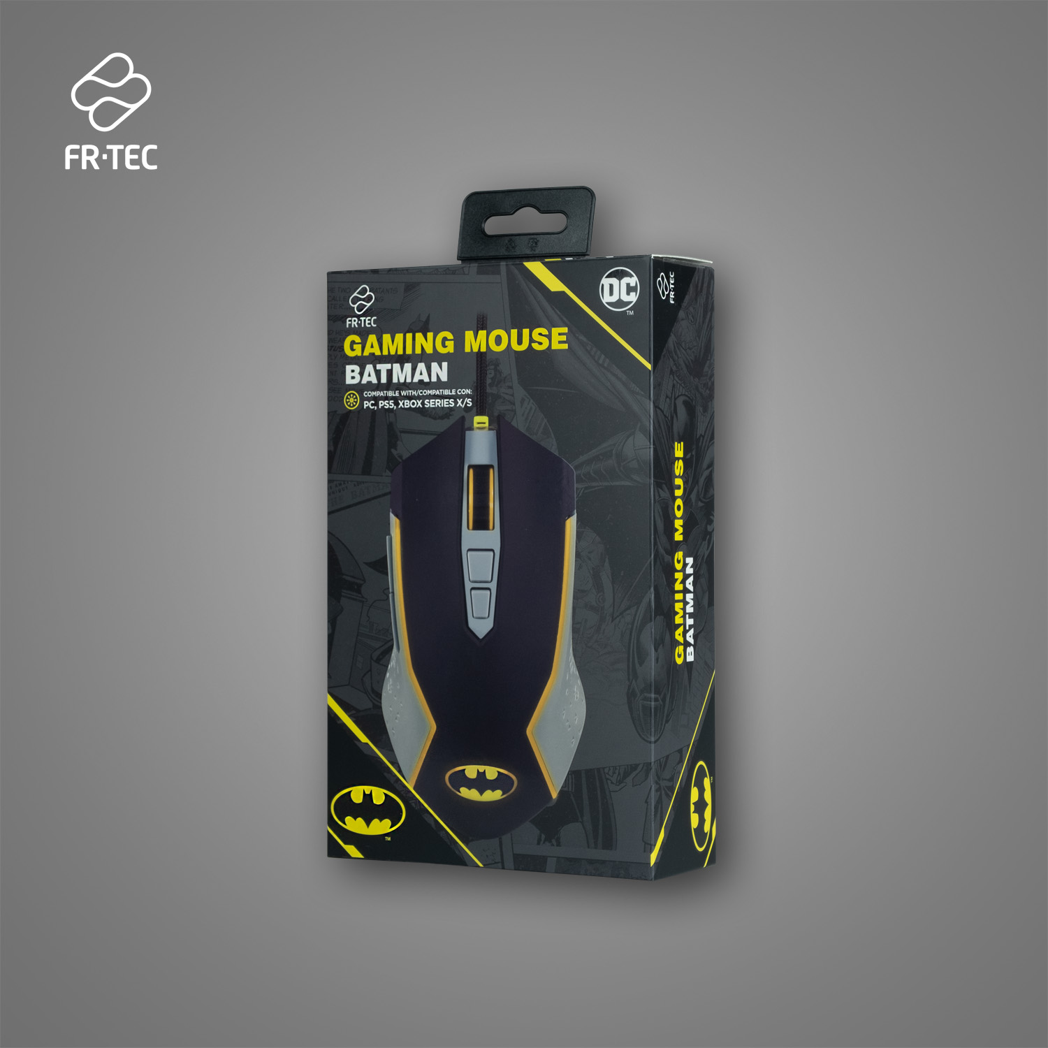 Batman gaming egér dobozban. Az egér fekete és sárga, a Batman logóval.