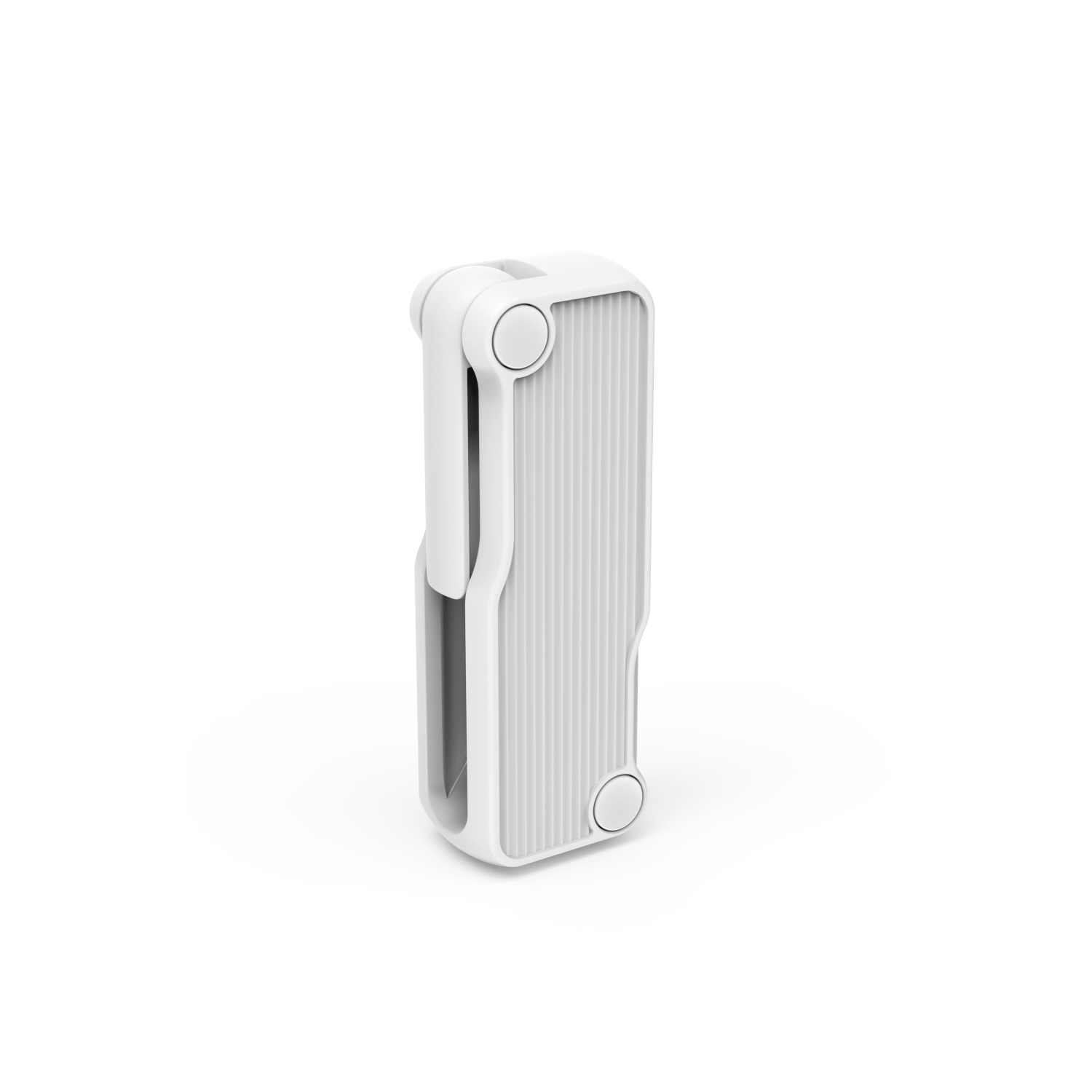 A small white folding device with rounded edges. It is on a white background.