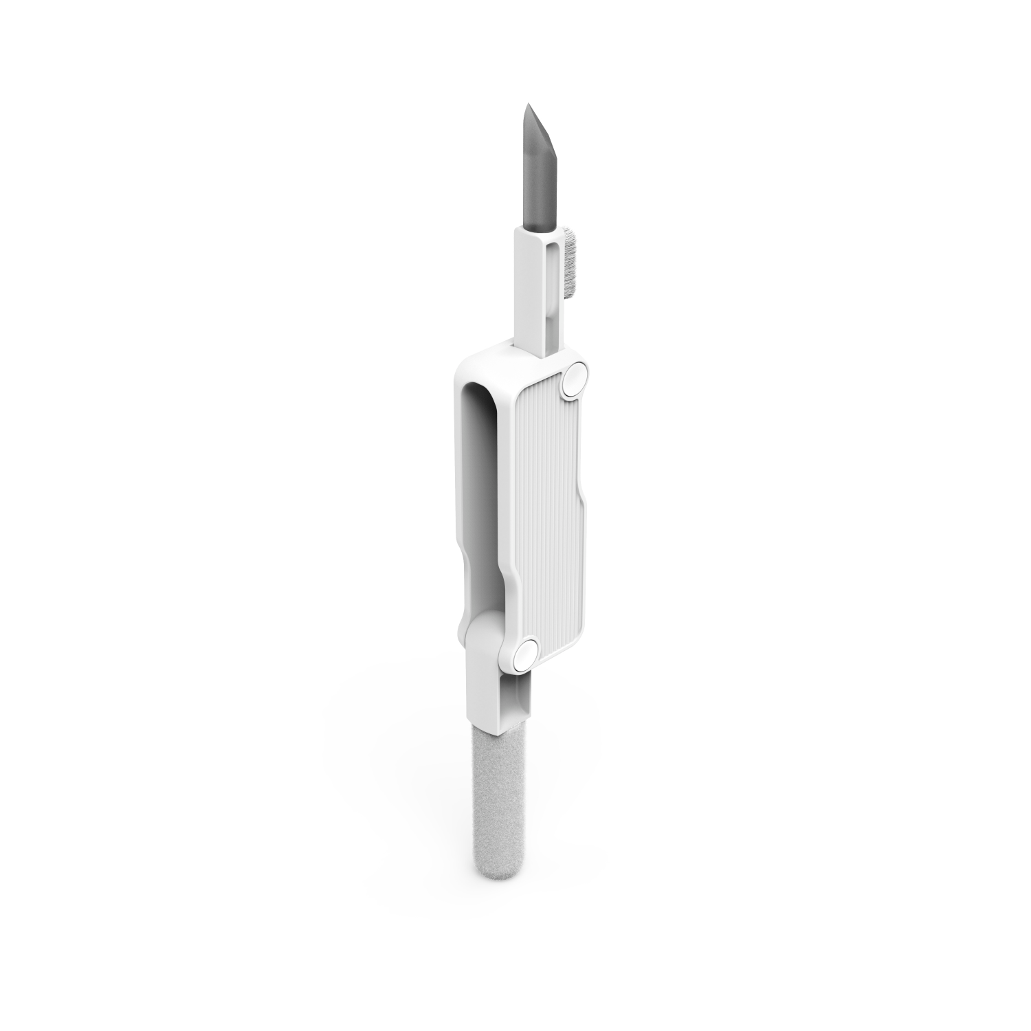 A white, gray, and black tool on a white background. It appears to be a nail tool.