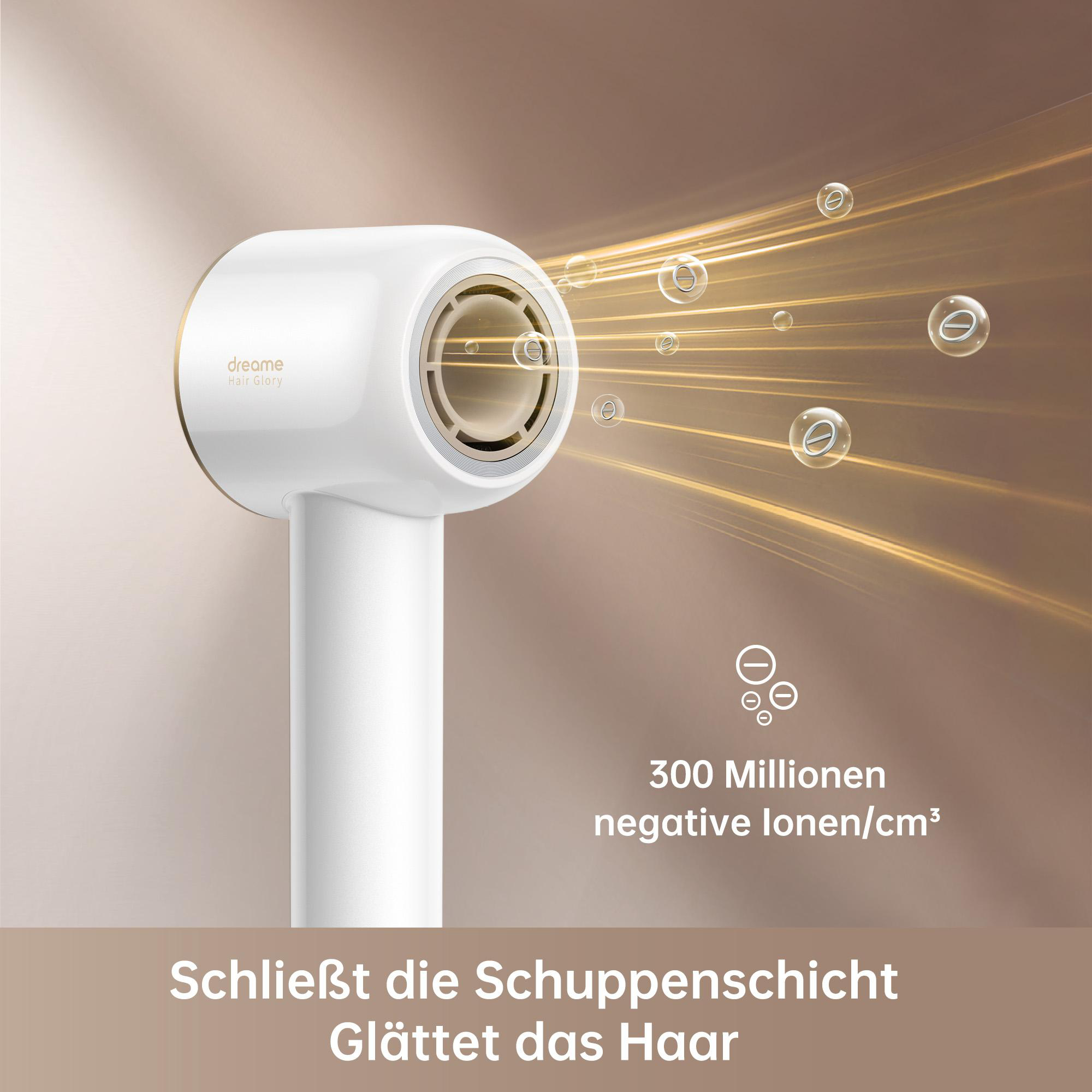 Ein weißer Haartrockner mit goldenen Akzenten, der Luft ausbläst, mit Text über negative Ionen.