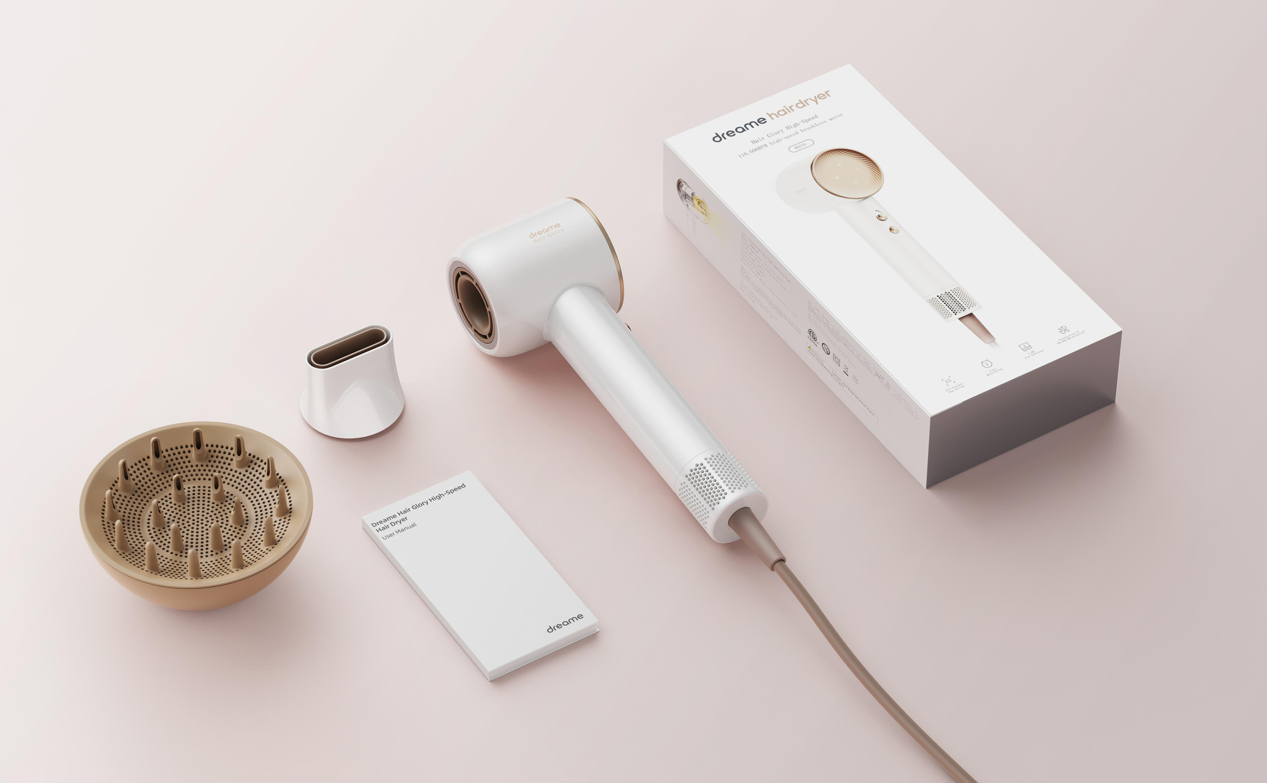 Weißer Haartrockner mit Zubehör. Enthält Diffusor, Konzentrator und Verpackung.
