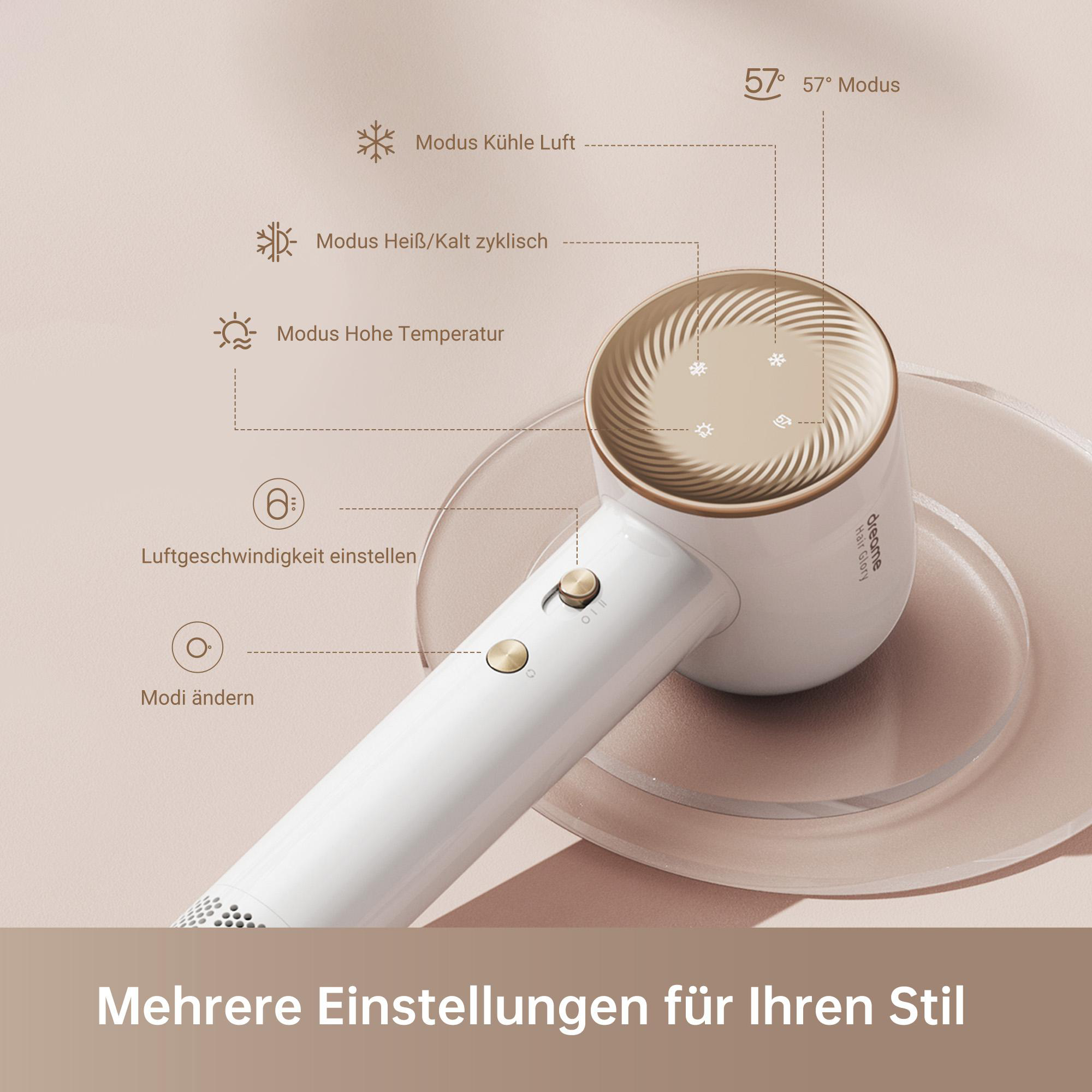Ein weißer und goldener Haartrockner mit Bedienknöpfen und einer Glasplattform, die mehrere Einstellungen zeigt.