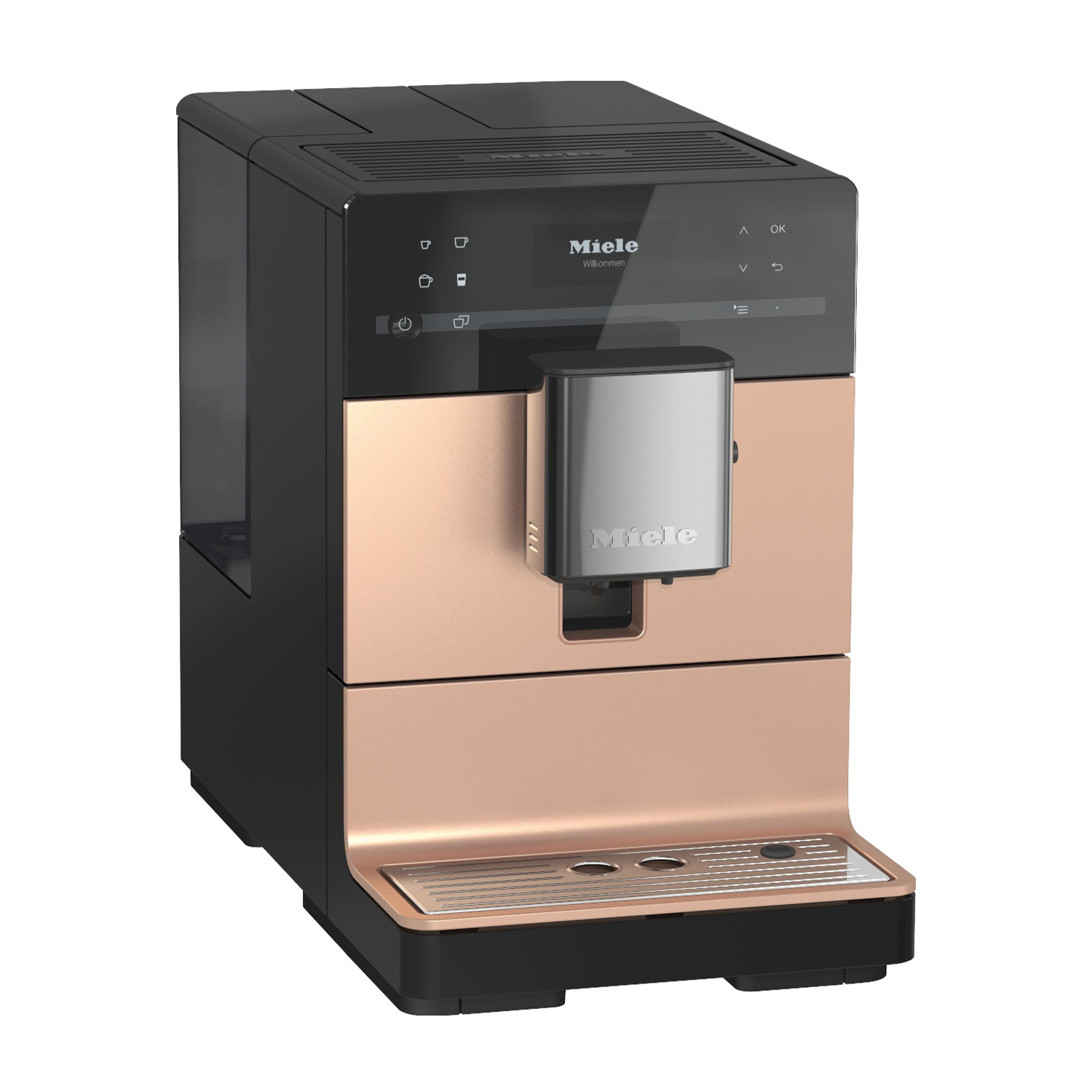 Macchina da caffè, nera con accenti rame, marchio Miele.