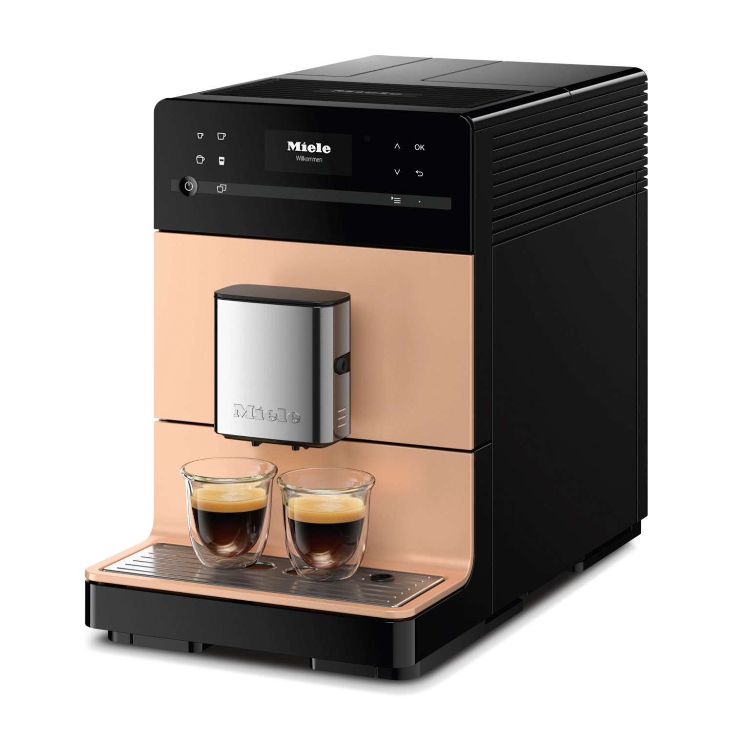Una macchina da caffè Miele con due tazze di espresso. Ha uno schema di colori nero e pesca.