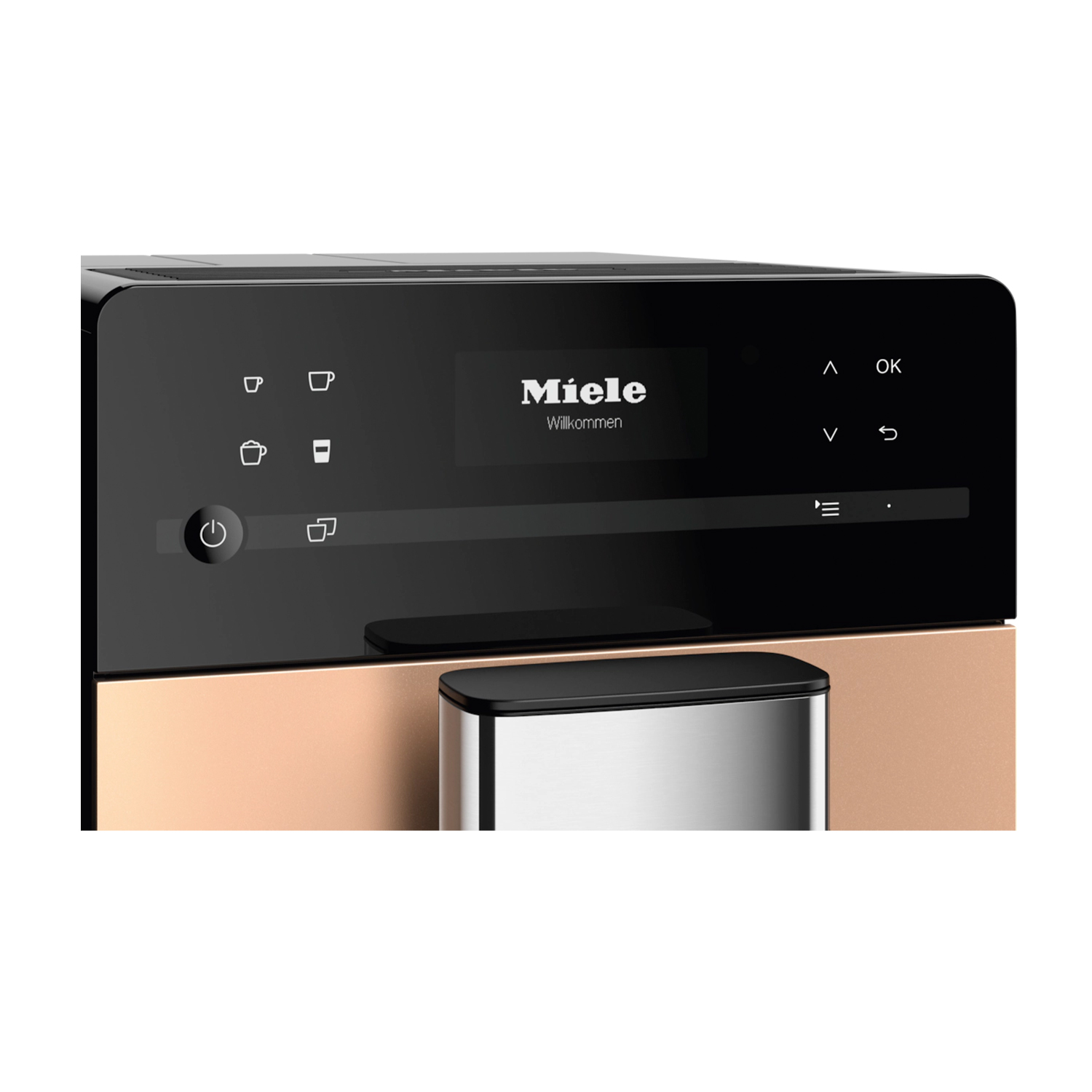 Interfaccia macchina da caffè nera e oro. 'Miele' visualizzato, con pulsanti e piccolo display.