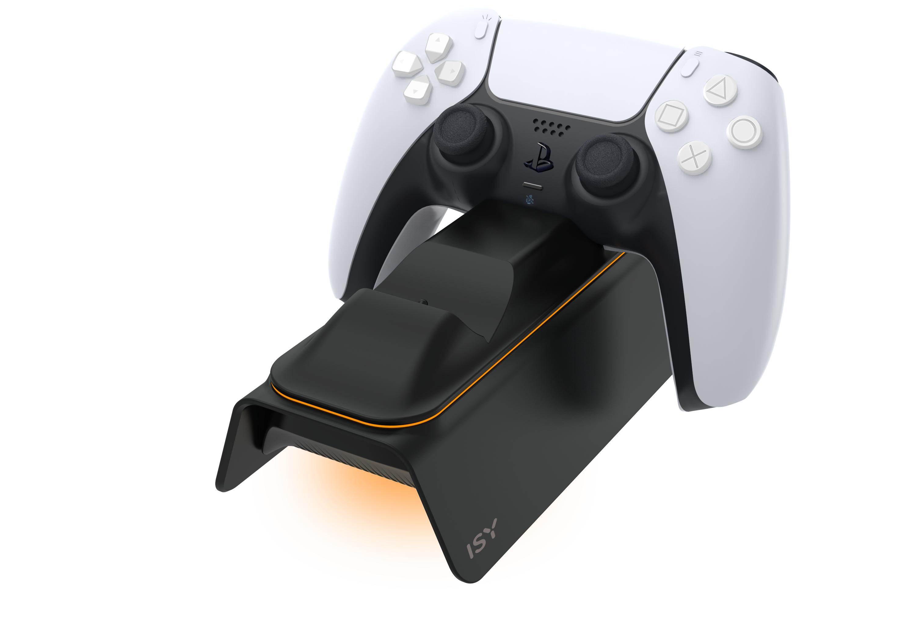 Weißer PS5-Controller auf schwarzer und orangefarbener Ladestation. Weißer Hintergrund.