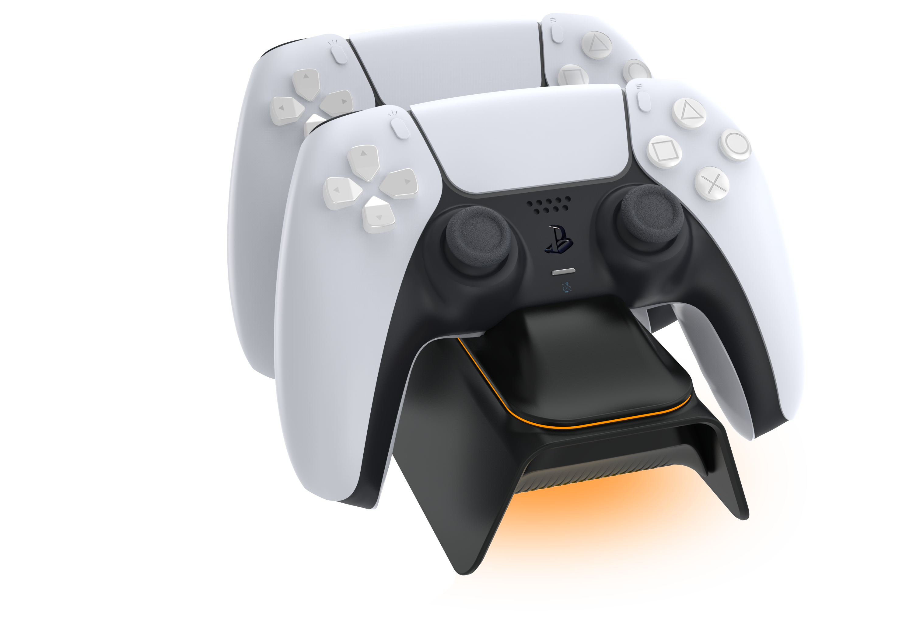 Zwei weiße PlayStation 5-Controller auf einer Ladestation, Vorderansicht. Die Station ist schwarz.