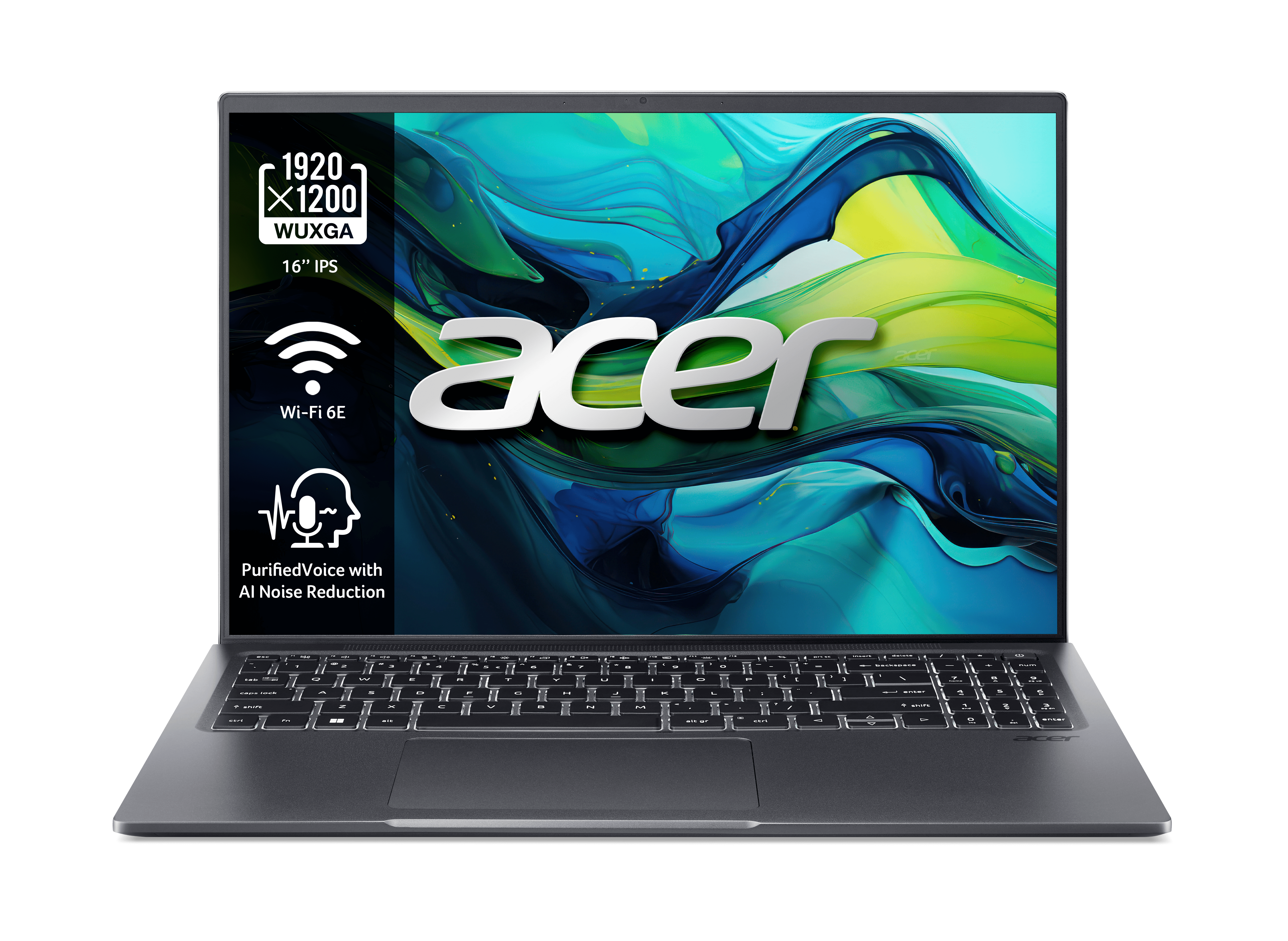 Un portátil Acer gris con teclado y una pantalla con texto en la pantalla.
