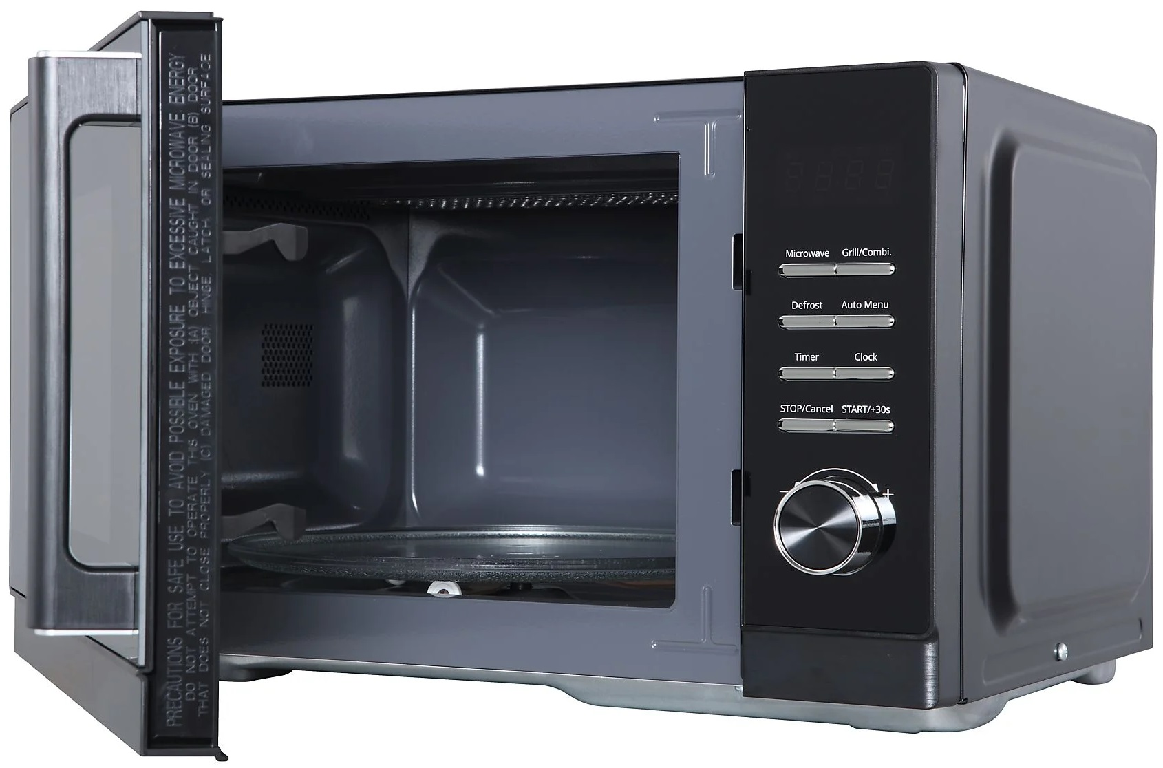 Szara kuchenka mikrofalowa z otwartymi drzwiami. Elementy sterujące obejmują kuchenkę mikrofalową, rozmrażanie, timer i stop/anuluj. Szklany talerz w środku.