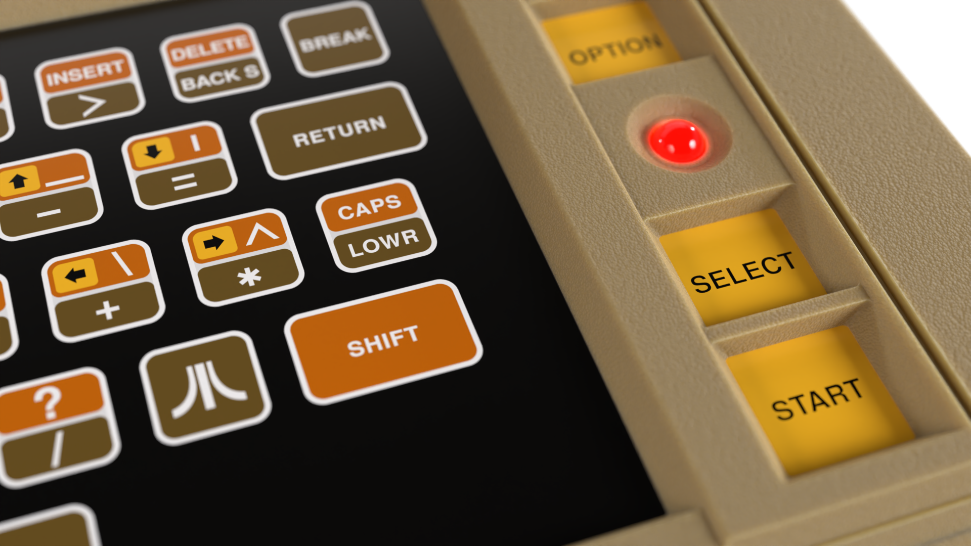 Zbliżenie klawiatury Atari z klawiszami oznaczonymi: insert, delete, break, return, shift.
