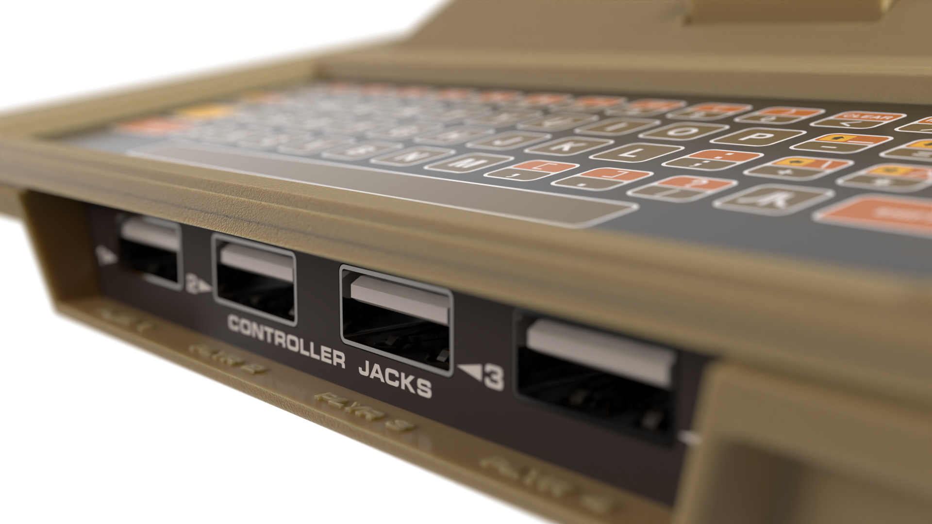 Zbliżenie gniazd kontrolera w konsoli Atari, pokazujące etykiety.