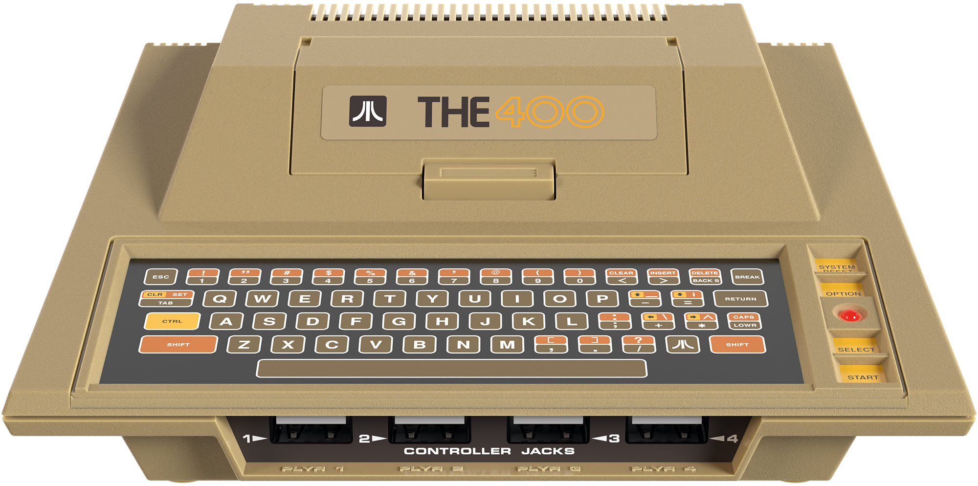 Konsola Atari The 400, beżowa z klawiaturą i portami kontrolera u dołu.