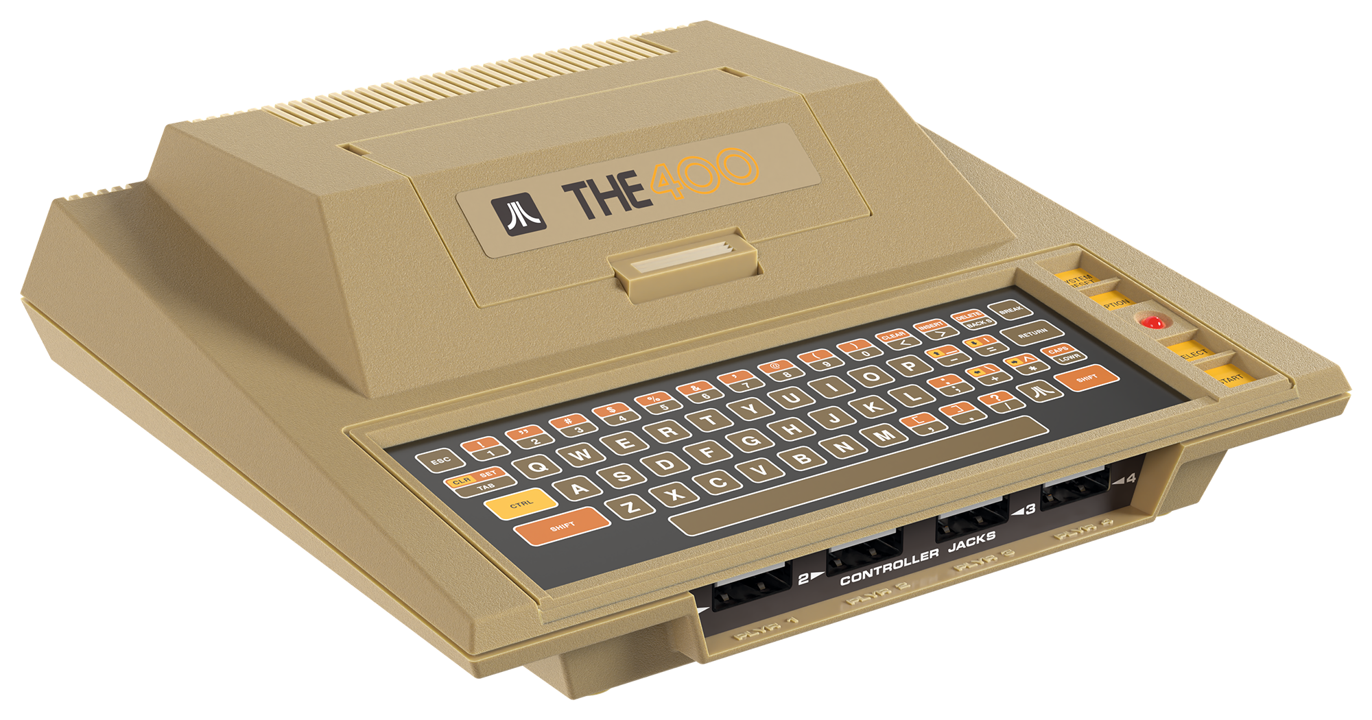Komputer Atari 400. Beżowy z klawiaturą i portami kontrolera.