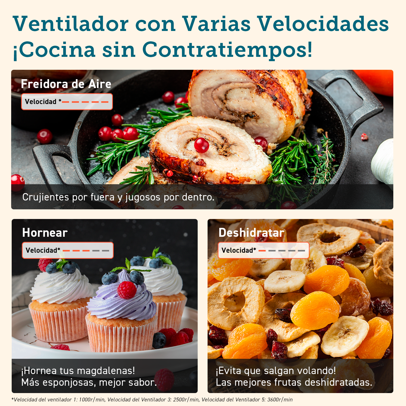 Tres imágenes mostrando preparación de alimentos: freír, hornear cupcakes, deshidratar frutas. Fondo blanco.