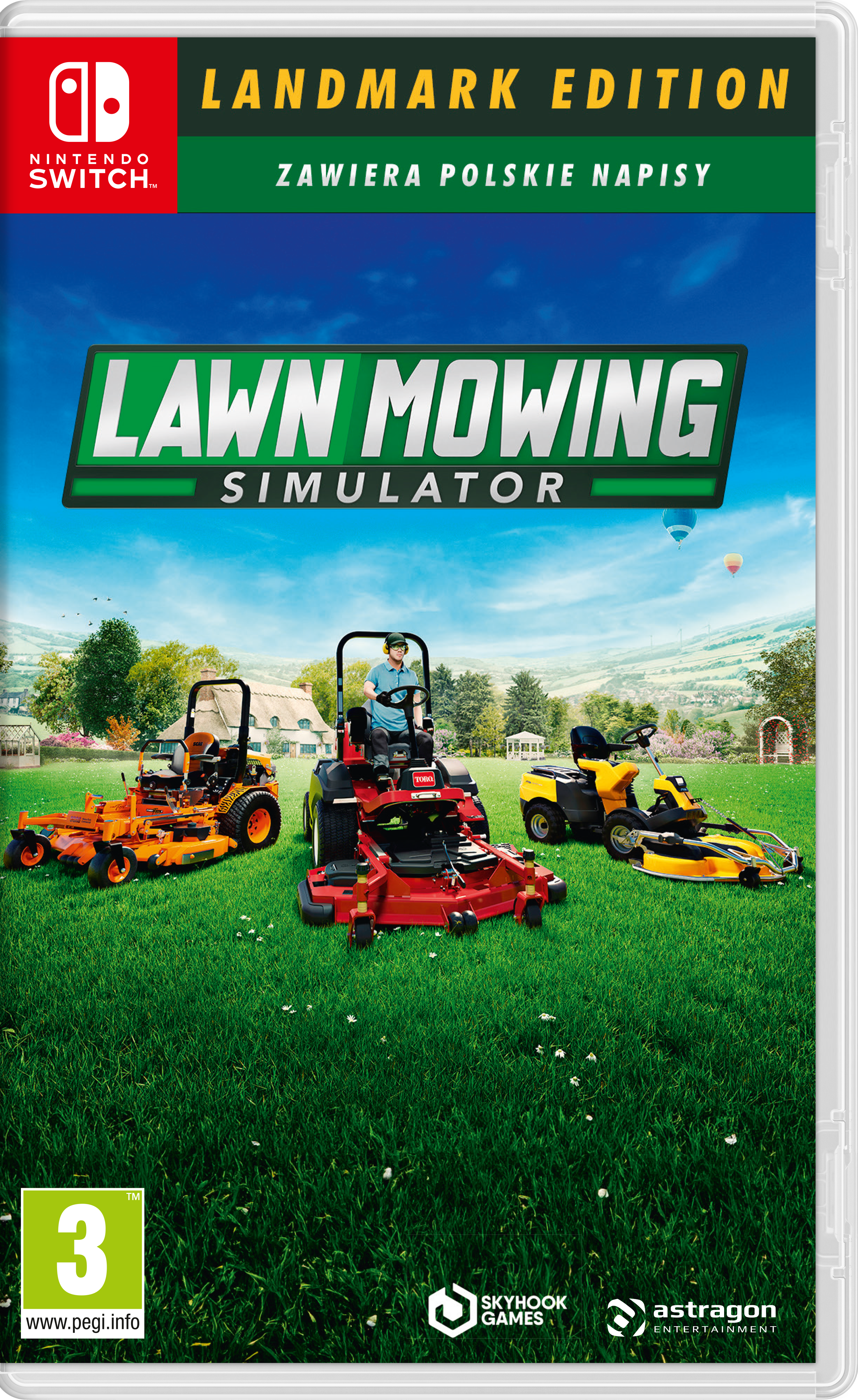 Pudełko z grą na Nintendo Switch. Tekst: LAWN MOWING SIMULATOR. Zawiera polskie napisy.