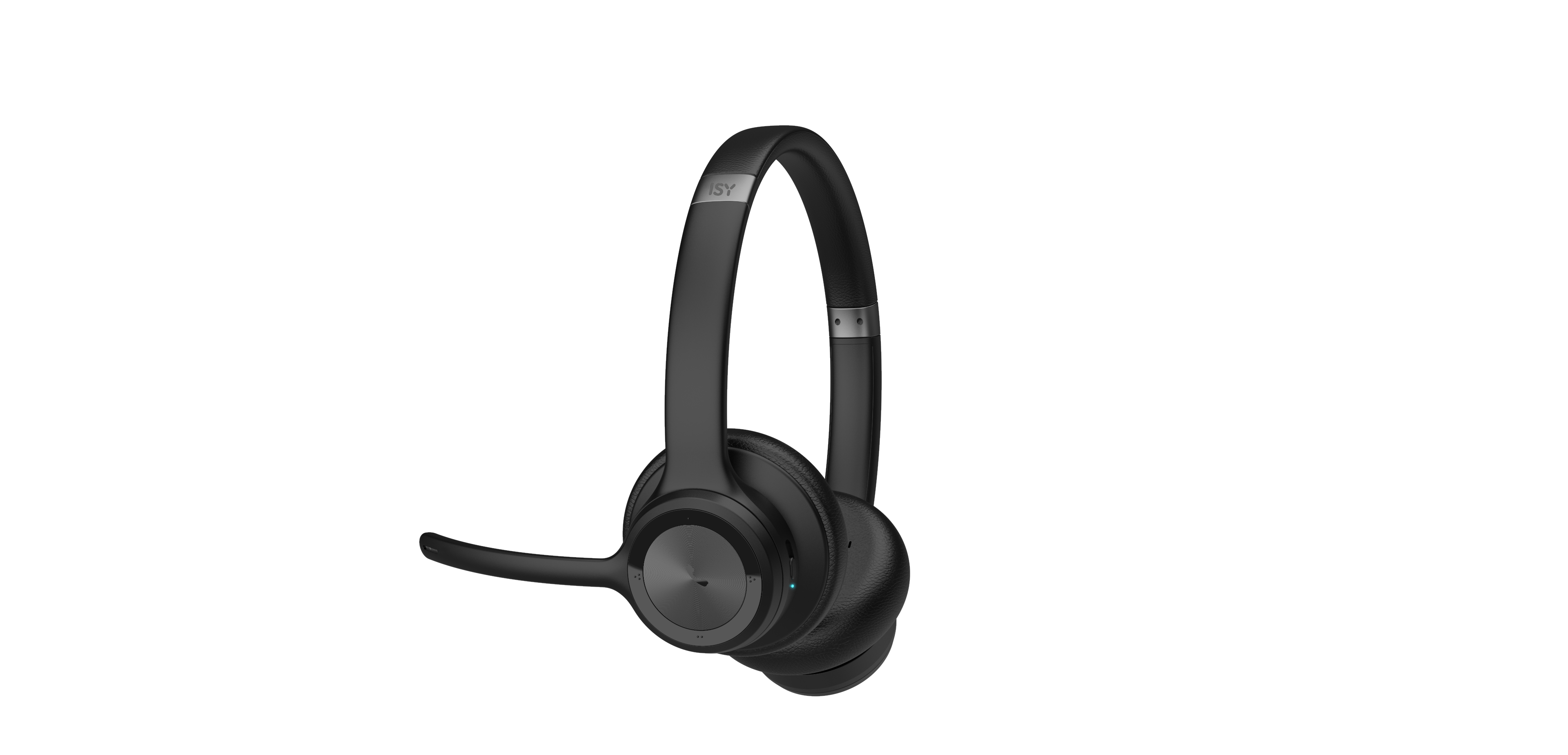 Schwarzes kabelloses Headset mit Mikrofon und Bedientasten.