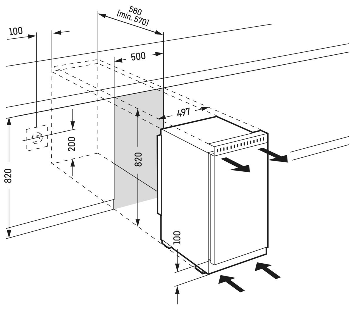 Diagram a hűtőszekrény beépítéséhez szükséges méretekkel.