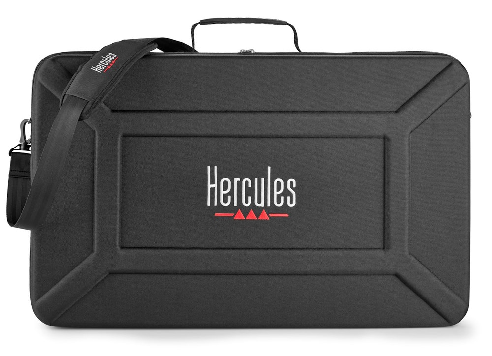 Ein schwarzer Koffer mit Hercules-Logo und Schultergurt.