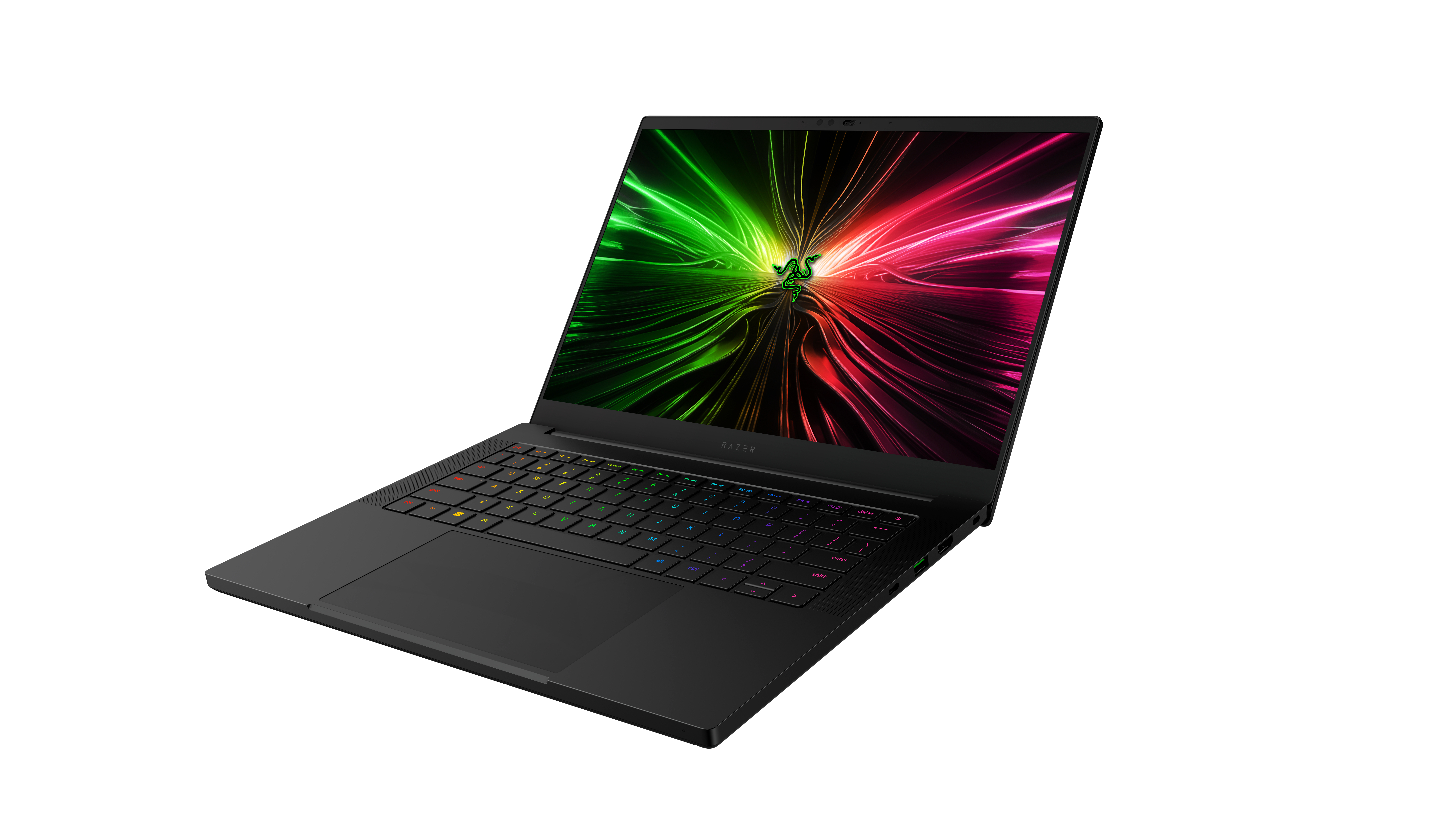 Schwarzer Razer-Laptop geöffnet, Tastatur und Bildschirm mit farbenfrohen Grafiken.