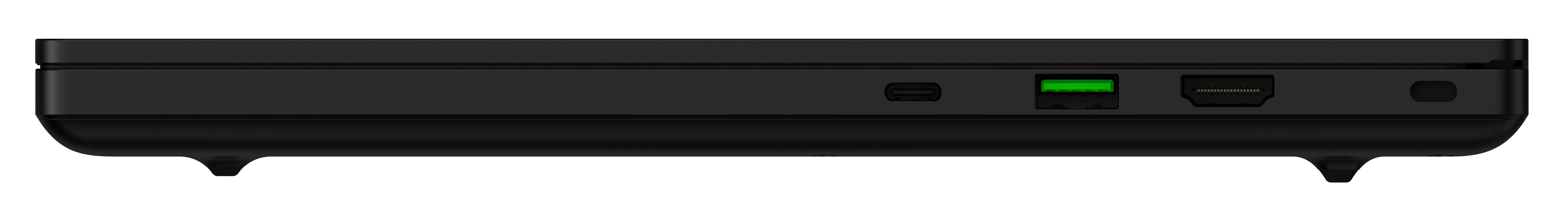 Schwarze Laptopbasis mit verschiedenen Anschlüssen, darunter USB-C, grüner Anschluss und HDMI.
