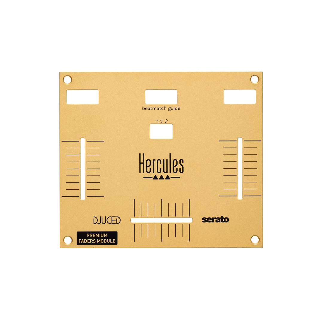 Goldfarbene DJ-Controller-Oberfläche. Hercules-Logo und Fader-Steuerelemente sichtbar.