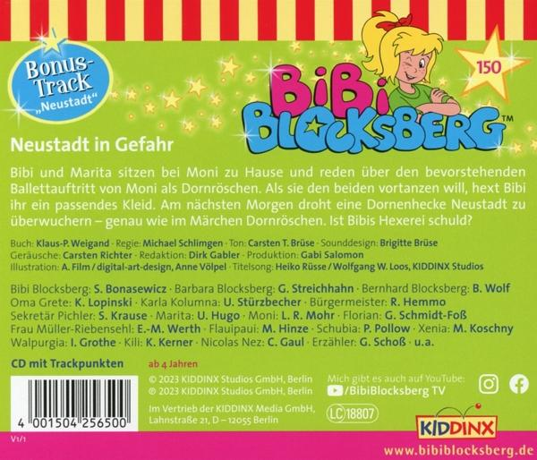 Rückseite einer Bibi Blocksberg CD. Text und Grafiken. Weißer Hintergrund. Buntes Design.
