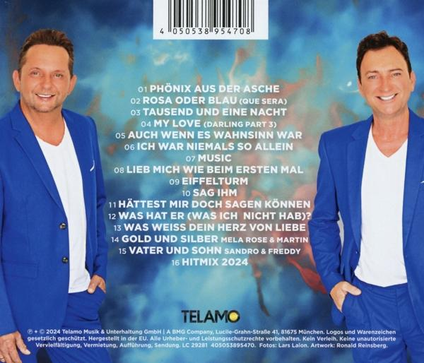 Albumcover mit zwei Männern in blauen Anzügen, Text und Trackliste.