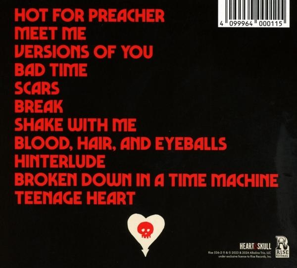 Albumcover mit Songtiteln in roter Schrift. Schädelgrafik unten. Weißer Hintergrund.