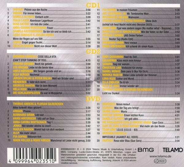 Eine CD mit Titelliste. Sie enthält Titel, Künstler und Spieldauer der Songs.