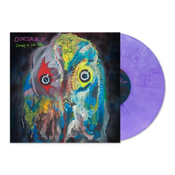 Dinosaur Jr. Albumcover mit farbenfrohen Kunstwerken und einer lila Vinylplatte daneben.
