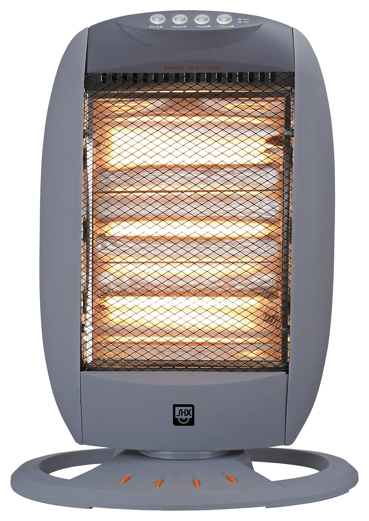 Graue Elektroheizung. Es hat ein Heizelement hinter einem Metallgitter. Es gibt einen Sockel mit orangefarbenen Akzenten.