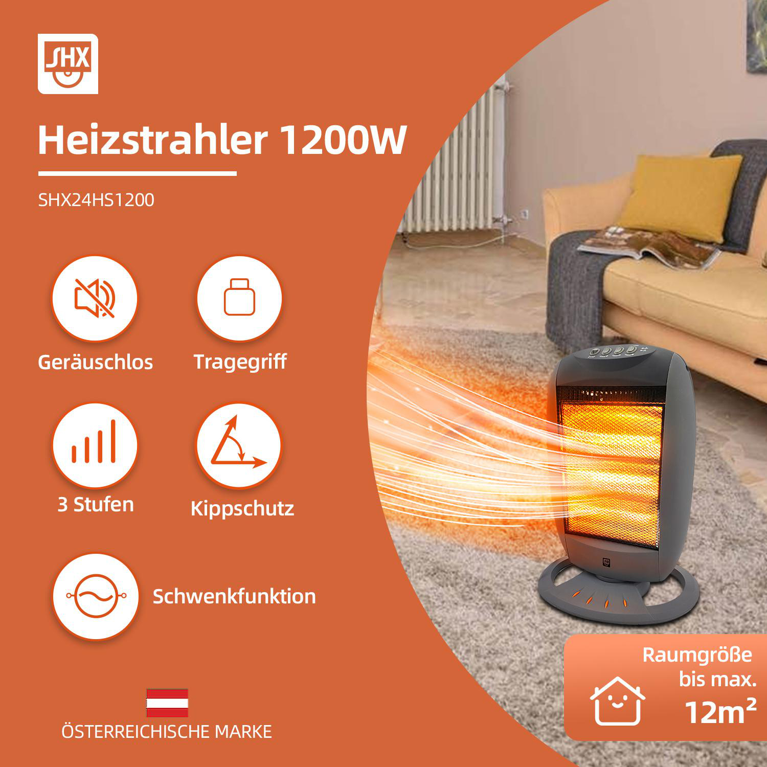 Ein schwarz-grauer Heizlüfter auf einem Teppich in einem Raum. Zeigt die Funktionen des Heizgeräts und die Raumgröße.