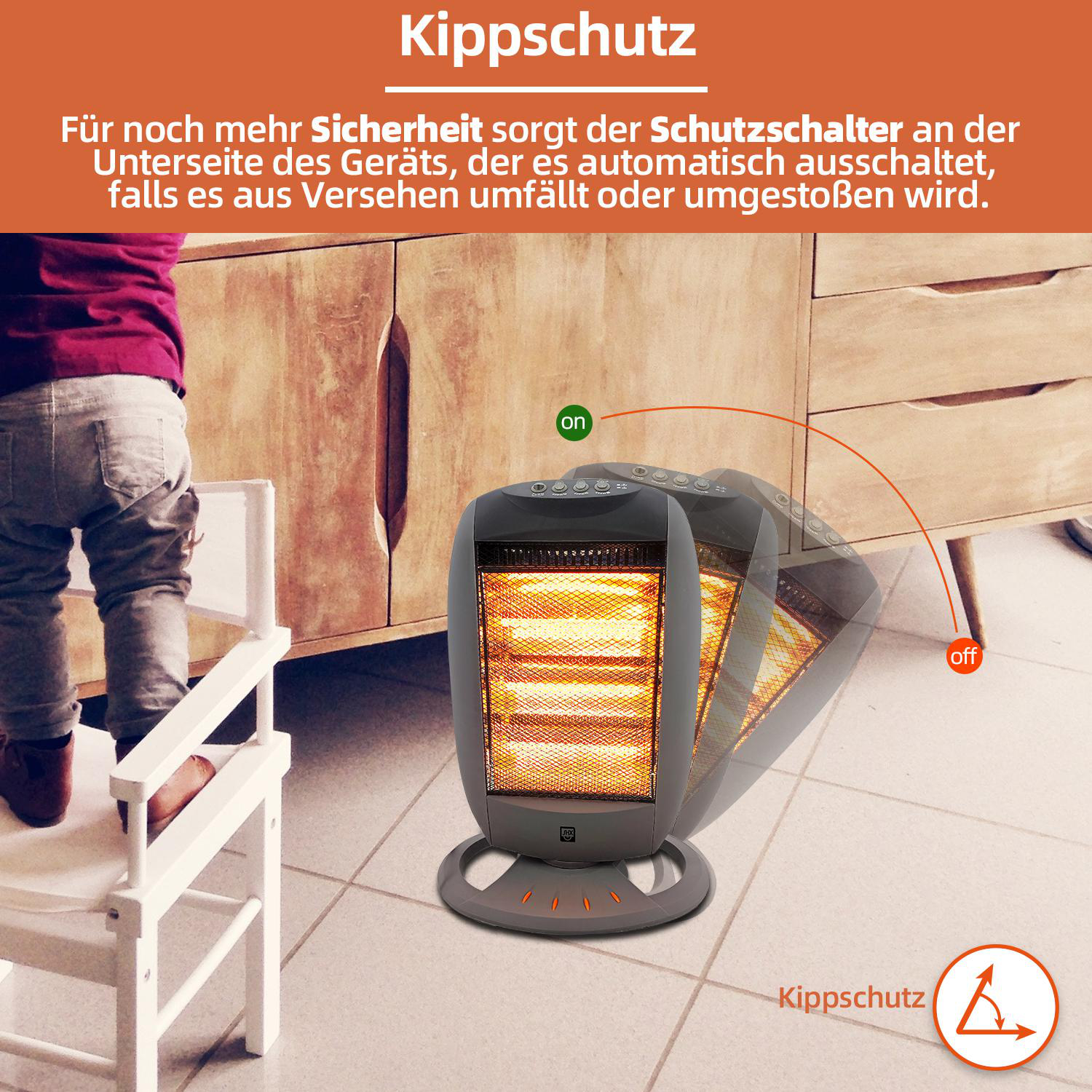 Illustration, die die Sicherheitsfunktion eines Heizgeräts mit Kind und Erklärungstext zeigt.