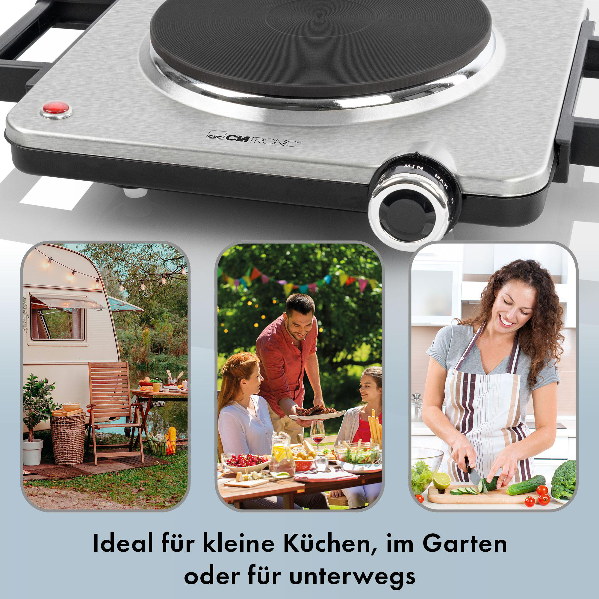 Nahaufnahme eines tragbaren Kochfelds mit eingebetteten Bildern eines Wohnmobils, einer Familie am Tisch und einer Frau beim Kochen.