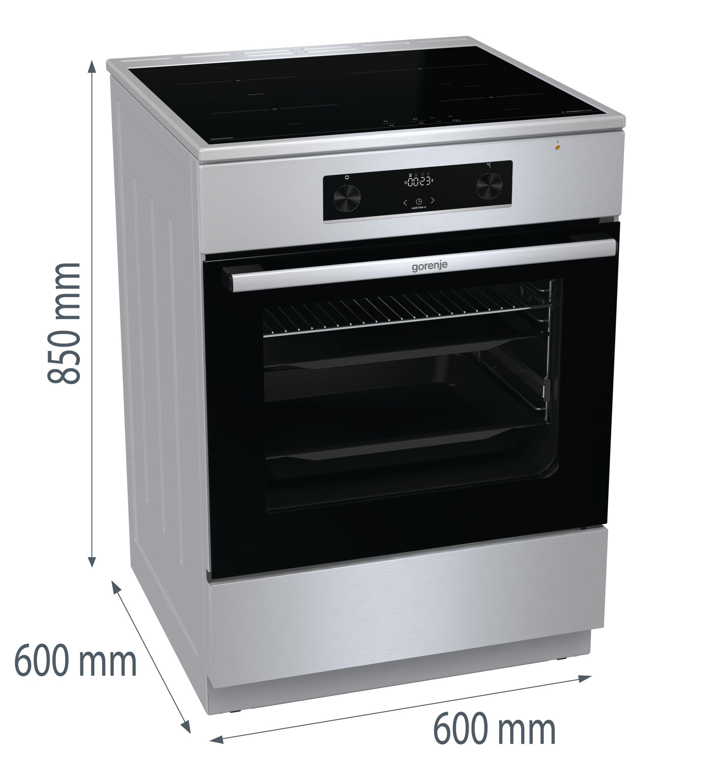 Silberner freistehender Backofen mit schwarzer Glasfront. Maße in mm: 850x600x600.