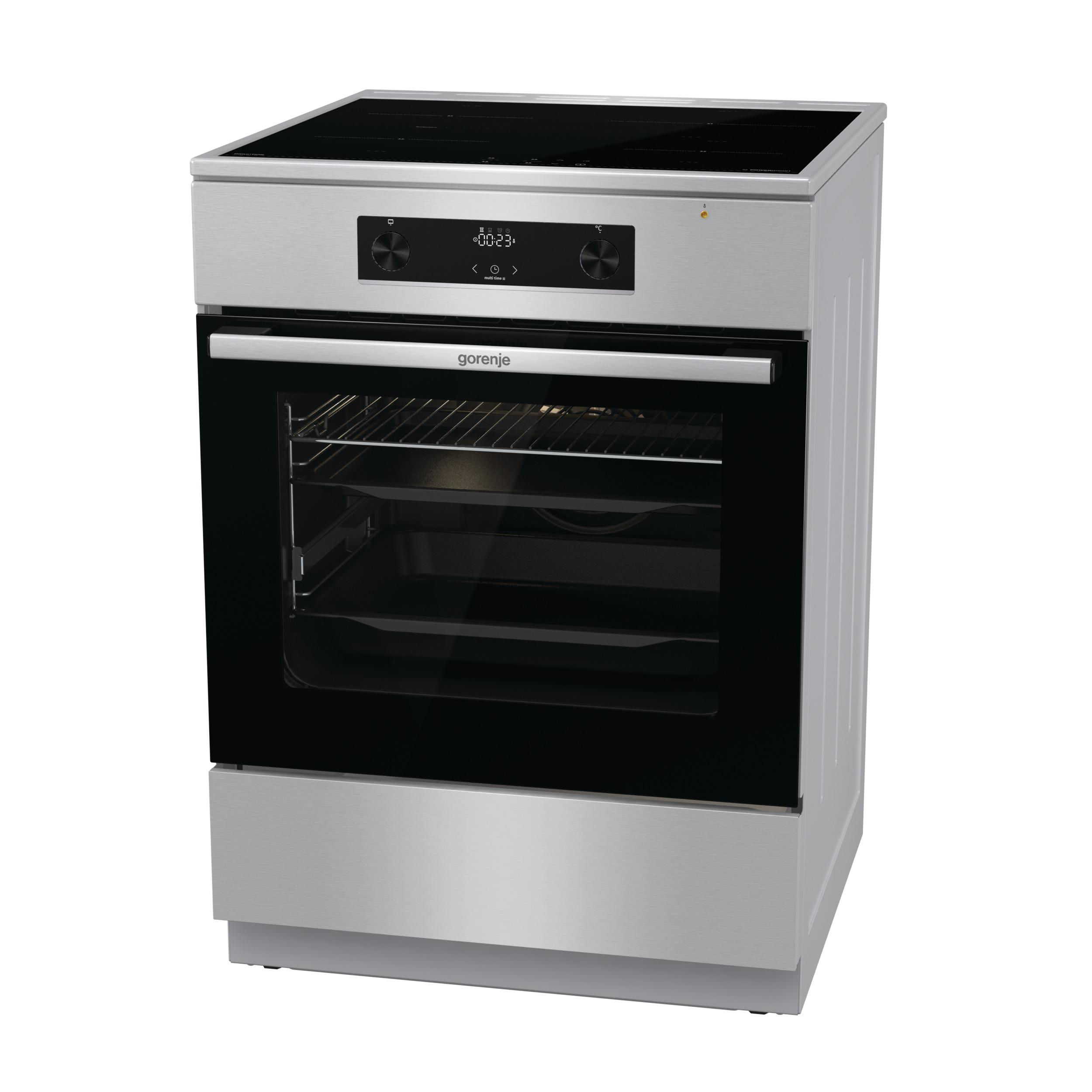 Silberner Einbaubackofen mit schwarzer Glastür und Kochfeld. Marke Gorenje.